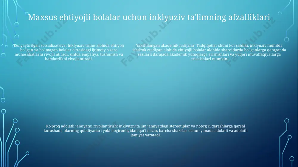 irilgan vaqtni taklif qilishni o'z ichiga oladi. individuallashtirilgan yordam: individual yordam ko'rsatish qiyin o'quvchilarning muvaffaqiyatini ta'minlash uchun muhim ahamiyatga ega. bu maxsus ta'lim o'qituvchisi bilan ishlash, qo'shimcha repetitorlik qilish yoki tengdoshlarni qo'llab-quvvatlashni o'z ichiga olishi mumkin. baholash va baholash amaliyoti baholash strategiyalari: baholarni talabalarning individual ehtiyojlariga moslashtirish, talabalarning kuchli tomonlari va rivojlanish sohalarini hisobga olish va turli baholash usullaridan foydalanish. baholash texnikasi: talabalar taraqqiyotini kuzatish, o‘z vaqtida fikr-mulohazalarni taqdim etish va shunga mos ravishda tadbirlarni o‘zgartirish uchun shakllantiruvchi va umumlashtiruvchi baholashlardan foydalanish. hamkorlik va muloqot: o'quvchilarning qobiliyatlari va taraqqiyotini har tomonlama tushunishni ta'minlash uchun baholash va baholash jarayonlariga ota-onalar, o'qituvchilar va yordamchi xodimlarni jalb qilish. madaniy mulohazalar til va muloqot: bolaning ona tili va madaniy kelib chiqishini hisobga oling. ularni kiritish uchun qulay va tushunarli aloqa usullarini taqdim eting. qo'llab-quvvatlash tizimlari: bolaning oilasi, jamiyati va qo'llab-quvvatlash tizimlari bilan mustahkam hamkorlikni yo'lga qo'ying. qo'llab-quvvatlovchi va inklyuziv ta'lim muhitini yaratish uchun ularning …