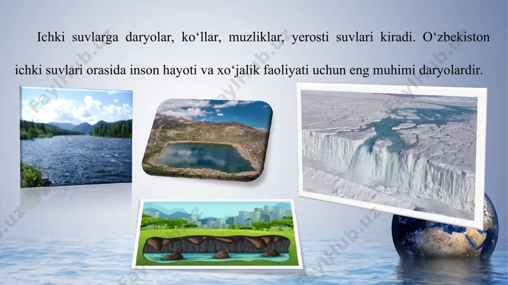 al oylariga to‘g‘ri keladi. respublikamizda qashqadaryo, g‘uzordaryo, sangzor, ohangaron, g‘ovasoy kabi daryolar balandligi 3400 m dan ortmaydigan tog‘lardan boshlanadi. bu daryolarning suvi ertaroq, ya’ni aprel — may oylarida, qorlarning erishi natijasida ko‘payadi va yillik oqimning 60 foizi shu oylarga to‘g‘ri keladi. yozda daryolar suvi kamaya boshlaydi. find more powerpoint templates on prezentr.com! o‘zbekistonning 2000 m dan past tog‘laridan boshlanuvchi zominsuv, sheroboddaryo, to‘sunsoy kabi daryolari, ko‘plab soylar, qor-yomg‘ir va yerosti suvlaridan to‘yinadi. shu sababli bu daryolarning suvi bahorda — aprel — may oylarida ko‘payadi va yillik oqimning 80 foizini tashkil etadi. aksincha, yozda daryolar suvi juda kamayib, ba’zi soylarning suvi qurib qoladi. find more powerpoint templates on prezentr.com! o‘zbekiston daryolari tog‘li qismida shiddat bilan oqishi sababli ularning ko‘p qismi muzlamaydi. faqat nishab kam bo‘lgan keng vodiylardagina qisman yoppasiga muzlashi mumkin. tekislik qismidagi daryolari esa bir-ikki oy muzlaydi, lekin respublikaning janubiy qismidagi daryolar muzlamaydi. amudaryo o‘rta osiyoning eng sersuv va suv yig‘adigan …