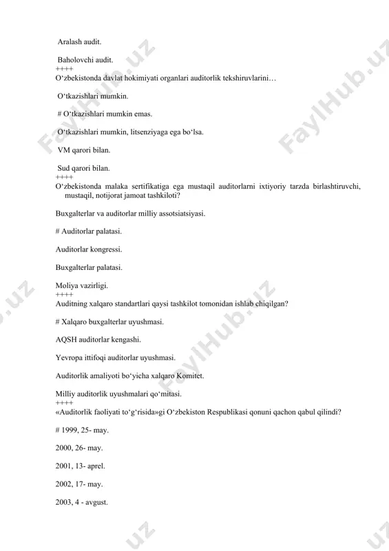 hisobot yilidan keyingi yilning 1 - mayigacha. hisobot yilidan keyingi yilning 1 - fevraligacha. hisobot yilidan keyingi yilning 1- apreligacha. hisobot yilidan keyingi yilning 1- martigacha. hisobot yilidan keyingi yilning 1- iyunigacha. ++++ majburiy auditorlik tekshiruvidan bo‘yin tovlaganligi uchun undiriladigan jarimalar miqdori qanchani tashkil etadi? # minimal ish haqi 50 baravaridan 100 baravarigacha minimal ish haqi 50 baravaridan 500 baravarigacha. minimal ish haqi 200 baravaridan 400 baravarigacha. minimal ish haqi 100 baravaridan 300 baravarigacha. minimal ish haqi 100 baravaridan 200 baravarigacha. ++++ auditorlik tekshiruvining mamlakat qonunlariga to‘g‘ri kelish-kelmasligi auditning qaysi turida ko‘rib o‘tiladi? operatsion audit. mos keluvchanlik auditi. moliyaviy hisobotlar auditi. majburiy audit. # tashabbuskorlik tarzidagi audit. ++++ auditning shakllarini aniqlang. korxonaning tashkil topishiga qarab bo‘linishini aytish mumkin. xo‘jalik subyektlarining ish yuritish shakllariga qarab bo‘linishi. nodavlat va davlat, aralash auditi. nodavlat, xususiy, jamoa, aralash. # shaxsiy, nodavlat, paychilik, aksionerlik korxonalar auditi. ++++ auditning rivojlanishiga ko‘ra audit turlarini aniqlang. tasdiqlovchi, operatsion …