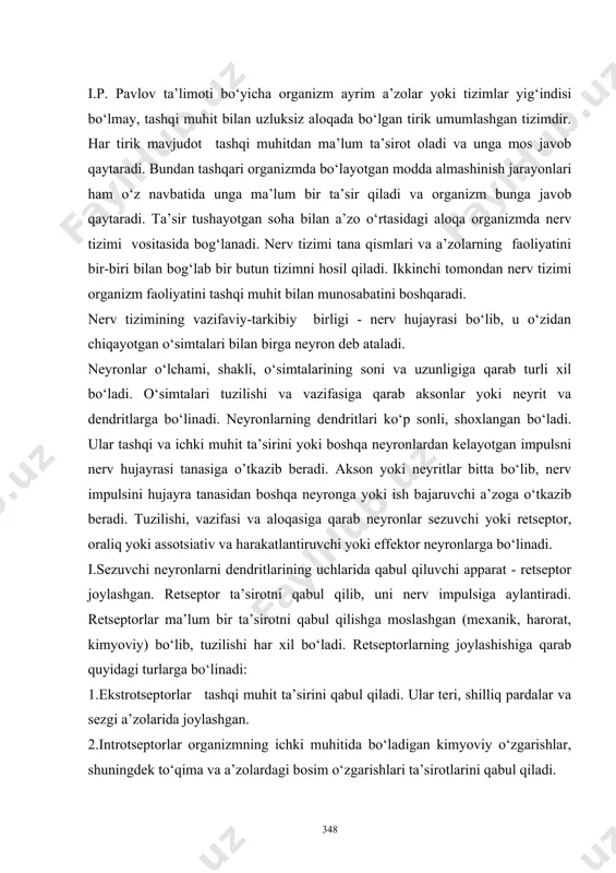 (afferent) va harakatlantiruvchi (efferent) neyronlar kiradi. bular orqali nerv impulsi retseptordan ish bajaruvchi a’zolarga boradi. nerv impulsi reflektor yoyida 120m/sek tezlikda yuradi. ko‘p xollarda reflektor yoyi tarkibiga uchinchi (oraliq) neyron kirib, sezuvchi neyron bilan harakatlantiruvchi neyronni bir-biriga bog‘lab turadi. oddiy reflektor yoyi odatda ikki: afferent va efferent neyrondan iborat. afferent neyronning tanasi markaziy nerv tizimidan tashqarida joylashib, orqa miya tuguni yoki bosh miya nervlari sezuvchi tugunlarining sohta unipolyar hujayralaridan iborat. bu hujayralarning pereferik o‘simtalari orqa miya nervlari yoki sezuvchi tolalari bo‘lgan bosh miya nervlari tarkibida yo‘nalib ularning uchlari retseptorni hosil qiladi. ularning markaziy o‘simtalari orqa miya nervlarining orqa sezuvchi ildizi va bosh miya nervlari tarkibida orqa yoki bosh miyaga kiradi. sezuvchi xujayraning bu o‘simtasi orqa miyaning kulrang moddasida yoki bosh miyaning harakatlantiruvchi o‘zagi efferent neyroni hujayralari bilan sinaps hosil qilib birikadi va nerv qo‘zg‘alishi harakatlantiruvchi neyronga o‘tadi. harakatlantiruvchi neyron o‘simtalari orqa miya nervlarining oldingi ildizi tarkibida ish bajaruvchi a’zoga boradi. …