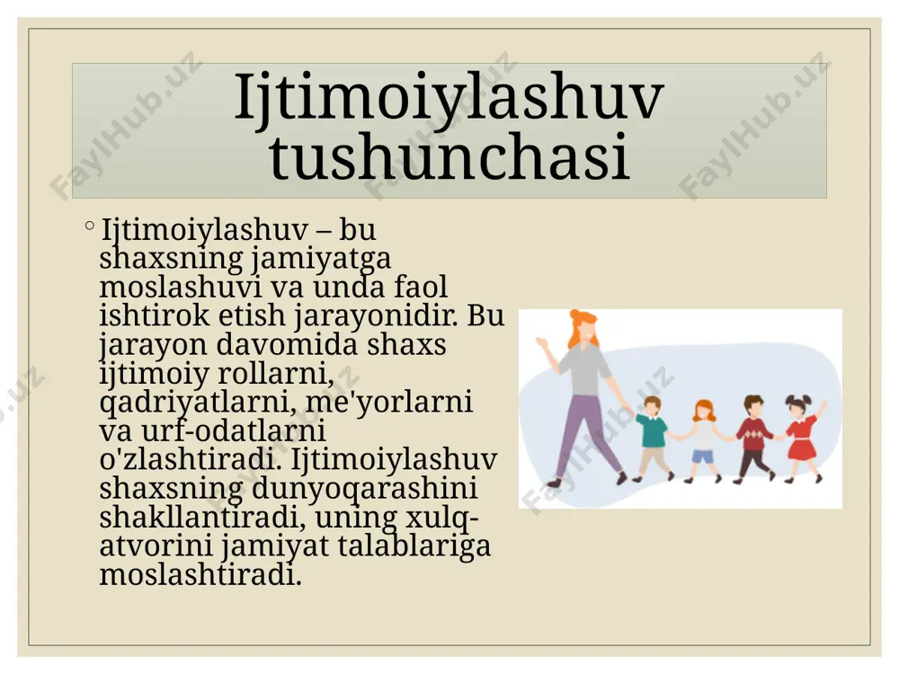 tkazish va qadriyatlar tizimini shakllantirishda muhim rol o'ynaydi. medialar shaxsning dunyoqarashiga ijobiy yoki salbiy ta'sir ko'rsatishi mumkin. madaniyat va urf-odatlar madaniyat va urf-odatlar shaxsning ma'naviy dunyosini boyitadi, milliy qadriyatlarni o'zlashtirishiga yordam beradi. bayramlar, marosimlar va urf-odatlar orqali jamiyatning ijtimoiy tajribasi avloddan avlodga o'tadi. ijtimoiy institutlarning roli davlat, diniy tashkilotlar, jamoat birlashmalari shaxsning ijtimoiylashuvida muhim o'rin tutadi. ular jamiyatdagi me'yor va qoidalarni saqlash, ijtimoiy tartibni mustahkamlashga yordam beradi. ijtimoiylashuvdagi muammolar ba'zan ijtimoiylashuv jarayonida muammolar yuzaga keladi: - noto'g'ri tarbiya - salbiy muhit - internet va mediadagi zararli kontent bu muammolar shaxsning ijobiy rivojlanishiga to'sqinlik qilishi mumkin. xulosa ijtimoiylashuv insonning jamiyatda o'z o'rnini topishida hal qiluvchi ahamiyatga ega. oila, maktab, tengdoshlar va ommaviy axborot vositalari uyg'unligi shaxsning barkamol rivojlanishiga xizmat qiladi. shuning uchun ijtimoiylashuv omillari va vositalaridan to'g'ri foydalanish juda muhim. image3.png image4.png image5.png image6.png image7.png image8.png image9.png /docprops/thumbnail.jpeg