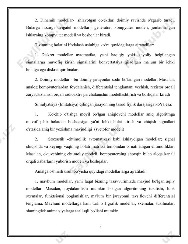 ladi. ilmiy bilishda abstrakt modellar ma’lum tillarga asoslangan belgilar majmuidan iborat. narsa yoki obektni xayoliy tasavvur qilish orqali formula va chizmalar yordamida o‘rganishda qo‘llaniladigan model abstrakt model hisoblanadi. abstrakt modelni matematik model deb atasa ham bo‘ladi. shuning uchun abstrakt model o'z navbatida og'zaki, matematik va kompyuterli modellarga ajratiladi. og'zaki yoki matnli modellar bilish ob'ektini tavsiflovchi tabiiy yoki rasmiy tilde ifodalangan bayonotlar ketma-ketlikni o'z ichiga oladi.[footnoteref:3] [3: u. yuldashеv,r. r. boqiеv, m. e. mamarajabov. excel 97: o‘quv qo‘llanma.—t., 2000.—40 b. ] matematik model deb, o‘rganilayotgan ob’ektni matematik formula yoki algoritm ko‘rinishida ifodalangan xarakteristikalari orasidagi funksional bog‘lanishga aytiladi. matematik modellar-o‘rganilayotgan ob’ekt yoki jarayonlarning asosiy xossalarini matematik formulalar, tenglamalar va tenglamalar sistemasi, tengsizliklar va tengsizliklar sistemasi orqali ifodasidir. kompyuter modellari bu- mantiqiy, algebraik yoki differentsial tenglamalar tizimini yechadigan va o'rganilayotgan tizimning xatti-harakatlarini taqlid qiladigan algoritm yoki kompyuter dasturi. fizik modellar o‘rganilayotgan ob’ektni kichiklashtirib yasash yordamida tadqiqot o‘tkazishda qo‘llaniladigan model hisoblanadi. fizik modellarga ob’ektlarning …