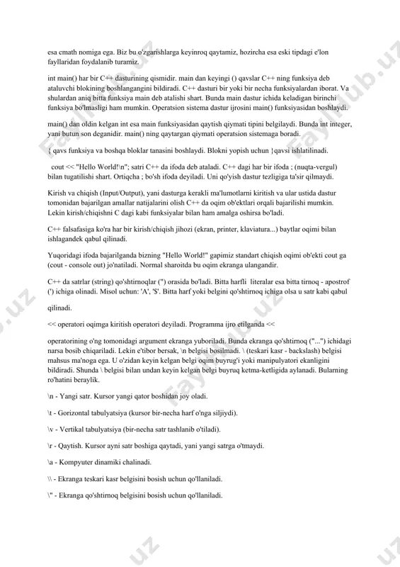 ob'ektlarning o'zi, yani tanasi berilmay faqatgina e'loni beriladi. include buyrug'i ikki hil yo'l bilan qo'llanilishi mumkin. 1. include 2. include "meningfaylim.h" birinchi usulda e'lon fayli <> qavslari ichida yoziladi. bunda c++ sistemasi ushbu faylni oldindan belgilangan kataloglar ichidan qidiradi. bu usul bilan asosan standart kutubhona fayllari qo'llaniladi. ikkinchi usulda, fayl nomi qo'shtirnoqlarga olinganda, kiritilishi kerak bo'lgan fayl joriy katalogdan qidiriladi. bu yo'l bilan dasturchi o'zi yozgan e'lon fayllarini kiritadi. shuni aytib o'tish kerakki, c++ ning 1998 yili qabul qilingan standartiga ko'ra, ushbu e'lon fayllari yangi ko'rinishga ega, ular .h bilan tugamaydi. bunda, misol uchun, bizning iostream.h faylimiz iostream, c dan kelgan math.h esa cmath nomiga ega. biz bu o'zgarishlarga keyinroq qaytamiz, hozircha esa eski tipdagi e'lon fayllaridan foydalanib turamiz. int main() har bir c++ dasturining qismidir. main dan keyingi () qavslar c++ ning funksiya deb ataluvchi blokining boshlangangini bildiradi. c++ dasturi bir yoki bir necha funksiyalardan iborat. va shulardan aniq …