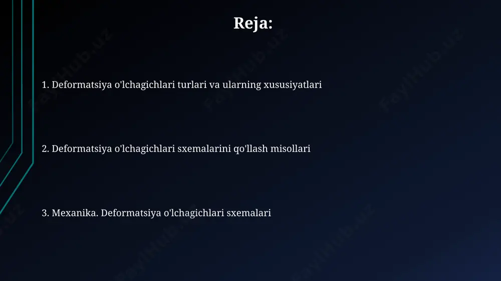 a deformatsiya o'lchagich ishlatiladi, bu esa o'lchashning soddalashtirilgan usulini ta'minlaydi, lekin aniqlik pastroq bo'ladi. signallarni kuchaytirgichga uzatish uchun 100 kohm atrofidagi qarshiliklar ishlatiladi. deformatsiya o'lchagichlarini ko'prik sxemasi yordamida ulashda, 4 ta o'lchagichdan foydalanish aniqlikni oshiradi va harorat ta'siridan kelib chiqadigan xatolarni kamaytiradi, chunki bu holda haroratning ta'siri qisman kompensatsiya qilinadi. ma'lumotlarni qayta ishlash va tahlil qilish ma'lumotlarni oldindan tozalash (filtering), masalan, shovqinlarni 5-10% ga kamaytirish orqali, aniqroq natijalarga erishish mumkin. signal/shovqin nisbati (snr) ko'rsatkichini yaxshilash muhim. regressiya modellari, masalan, lineer yoki ko'p o'zgaruvchili regressiya, kuchlanish o'zgarishlarini deformatsiyalarga bog'lash va 0.9 dan yuqori r-kvadrat koeffitsiyentini olish maqsadida qo'llanilishi mumkin. rezistorli deformatsiya o'lchagichlari ushbu sensorlarning ishlash printsipi, o'zgaruvchan qarshilik orqali deformatsiyani 0.1% dan yuqori aniqlik bilan o'lchashga asoslangan. rezistorli o'lchagichlar, ko'pincha 120 dan 350 gacha bo'lgan gage faktoriga ega bo'lib, kichik deformatsiyalarni ham aniqlay oladi. deformatsiyani o'lchashning asosiy printsiplari deformatsiyani o'lchashning asosiy printsipi, materialning elastiklik moduli va uning geometrik o'lchamlariga bog'liq bo'lib, …