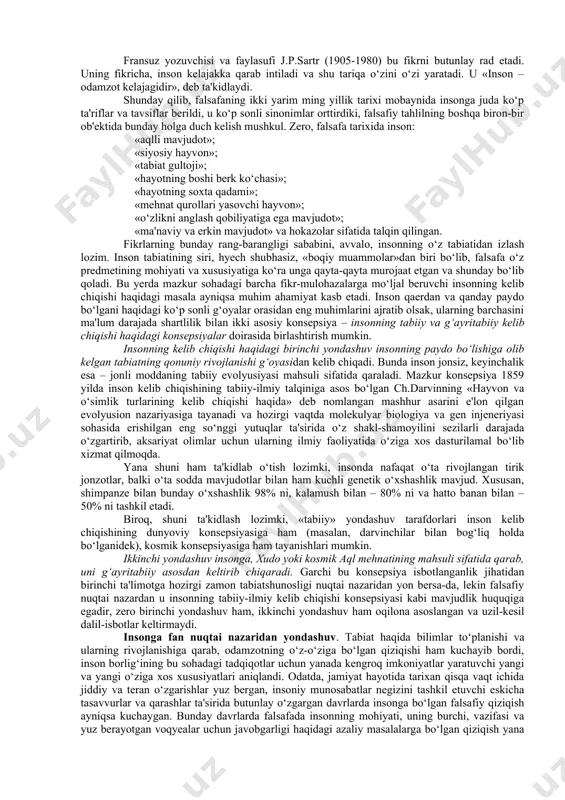 o‘ta muhim masalalardan biri bo‘lib qolmoqda, insoniyatning eng o‘tkir aql-zakovat sohiblari e'tiboridan tushmay va ayni vaqtda o‘zining uzil-kesil, umumiy e'tirof etilgan yechimini topmay kelmoqda. inson har safar mutafakkirlar diqqat markazidan o‘rin olar ekan, uning mohiyatini yangi tarixiy sharoitda va yangicha nuqtai nazardan anglab yetishga harakat qilib, uni qayta va qayta yangidan kashf etganlar. pirovardida, falsafa fanida insondan murakkabroq va ziddiyatliroq predmet yo‘q, desak, hyech mubolag‘a bo‘lmaydi. inson barcha yaxshi fazilatlarni o‘zida mujassamlashtirgan o‘ziga xos, betakror va barkamol mavjudot – cheksiz mikrokosm sifatida ham, inson tabiatining norasoligi va buzuqligi tufayli halokatga mahkum bo‘lgan tabiat xatosi sifatida ham, xudo yaratgan banda sifatida ham, boshqa odamlar faoliyatining mahsuli sifatida ham talqin qilinadi. xususan, sharq mutafakkiri a.beruniy jahon fanida birinchi marta inson va tabiat, odam va olam o‘rtasidagi munosabatlarni dunyoviy fan nuqtai nazaridan o‘rganadi. u “odamlar tuzilishining rang, surat, tabiat va axloqda turlicha bo‘lishi faqatgina nasablarining turlichaligidan emas, balki tuproq, suv, havo va yerning, …