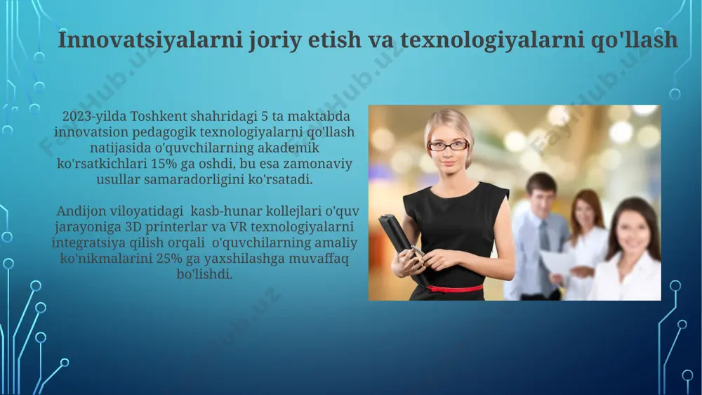 blari oʻqitish uslublari xilma-xilligi: samarqanddagi oliy oʻquv yurtlarida 2023-yilda oʻtkazilgan tadqiqotlar shuni koʻrsatdiki, direktor oʻrinbosarlarining 60%i zamonaviy texnologiyalarni, jumladan, onlayn platforma va oʻyinlashtirishni qoʻllashni afzal koʻrishadi. pedagogik mahorat, masalan, 5 yillik tajribaga ega boʻlgan toshkentdagi maktab direktor oʻrinbosarlarining 80%i oʻquvchilar bilan samarali muloqot qilish va individual yondashuvni qoʻllash boʻyicha yuqori malakaga ega. axborot texnologiyalari va raqamli savodxonlik surxondaryo viloyatidagi 5 ta ta'lim muassasasida oʻtkazilgan treninglar natijasida rahbar oʻrinbosarlarning kamida 85% elektron hujjatlarni boshqarish va axborot xavfsizligi tizimlaridan foydalanish koʻnikmalarini oshirgan. oʻzbekistonning 20 dan ortiq oliy ta'lim muassasalari rahbar oʻrinbosarlarining 70% dan koʻprogʻi microsoft office dasturlari va google taqdimotlarini samarali qoʻllash boʻyicha malakaga ega. kadrlar bilan ishlash va ularni rivojlantirish samarqand shahridagi pedagogika universitetida oʻtkazilgan treninglar natijasida, 150 nafar oʻqituvchining davlat standartlariga muvofiq kasbiy malakasini oshirish darajasi 25% ga oshdi. oʻzbekistonning 5 ta viloyatida oʻtkazilgan tadqiqotlar shuni koʻrsatdiki, kadrlar bilan ishlash boʻyicha 70% ta’lim muassasasi rahbarlari zamonaviy hr-texnologiyalaridan foydalanishda kam tajribaga …