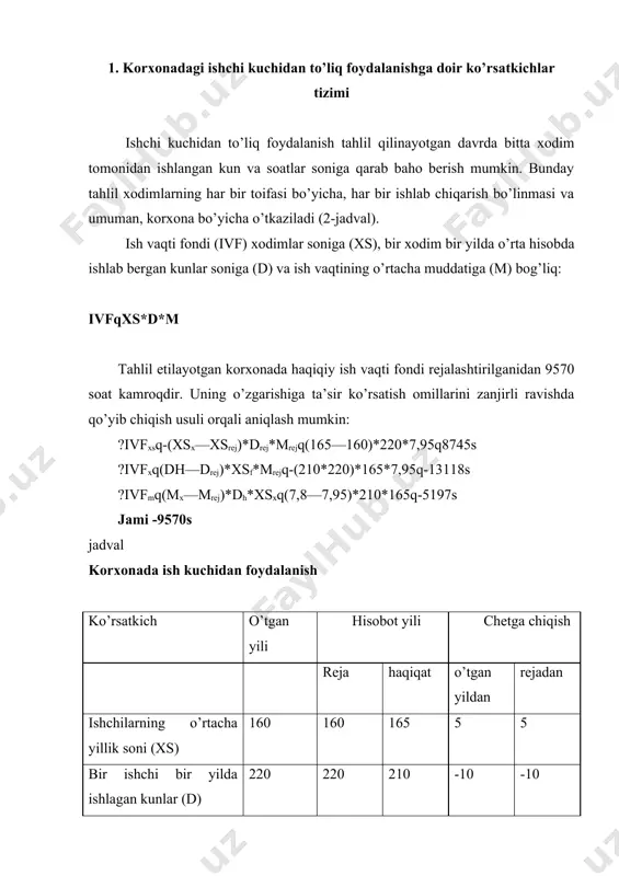 ili ish vaqtining smena ichidagi bekor sarflanishi ham oz emas, bir kunda bu sarflar 0,15 soatni, barcha ishchilar tomonidan ishlangan hamma kunlar mobaynida – 5197 soatni tashkil etgan. ish vaqtining umumiy bekor sarfi 18315 soat (1638 -1749)*165. haqiqatdan ham ular ancha yuqori, chunki haqiqatda ishlangan vaqt fondi ishdan tashqari ishlangan soatlarni (1485s.) ham kamroq oladi. agar ularni ham hisobga oladigan bo’lsak, ish vaqtining umumiy bekor sarf bo’lishi 19800 soatni yoki 7,3% ni tashkil etadi. kun bo’yi va smena ichidagi ish vaqtining bekor sarf bo’lishi sabablarini aniqlash uchun ish vaqtining haqiqiy va rejadagi balansi ma’lumotlari taqqoslab ko’riladi (3-jadval). ularga rejada ko’zda tutilmagan turli obyektiv va subyektiv holatlar sabab bo’lgan: ma’muriyat tomonidan ruxsat etilgan qo’shimcha ta’tillar, ishchilarning kasalligi tufayli vaqtincha mehnatga layoqatsizligi, ishga kelmay qolish, asbob-uskunalar, mashinalar, mexanizmlarning nosozligi tufayli bekor turib qolishlar, ishning, xom ashyo, material, elektr energiya, yoqilg’i va h.k.larning yo’qligi. vaqtning bekor sarf bo’lishining har bir turi batafsil tahlil …
