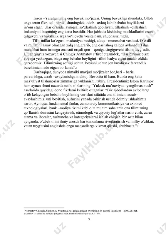 ingan. xayriyatki, 1989–yilning iyun oyida muhtaram islom karimov respublikaning birinchi rahbari sifatida ish boshladi. u kishining bevosita tashabbusi va jasorati bilan mazkur ikki tillilik g‘oyasi butunlay barham topdi, o‘zbek tilining qonuniy huquqi qonunlashtirildi. prezidentimiz alohida ta’kidlaganlaridek, “bu vatanimiz tarixida tom ma’nodagi buyuk voqea edi”.3 ayni paytda prezidentimiz iftixor bilan shunday yozadilar: “1992 –yil 7– dekabrda qabul qilingan o‘zbekiston respublikasi konstitutsiyasida davlat tilining maqomi huquqiy jihatdan aniq belgilanib, mustahkamlab qo‘yildi. shu tariqa o‘zbek tili mustaqil davlatimizning bayrog‘i, gerbi, madhiyasi, konstitutsiyasi qatorida turadigan, qonun yo‘li bilan himoya qilinadigan muqaddas timsollaridan biriga aylandi”.4 bugun o‘zbekistonda yurtboshimiz rahnamoligida benihoya xolis va odil til siyosati shakllangan, bu siyosatni hayotga joriy qilish borasida ishlab chiqilgan aniq chora -tadbirlar muntazam amalga oshirilmoqda. qisqa vaqt ichida o‘zbek alifbosi va imlosi isloh qilindi, o‘zbek tilini ilmiy tadqiq qilish va o‘qitish ishlari mustaqillik davri talablariga javob beradigan darajaga keltirildi. endilikda mana shu tarixiy o‘zgarishlarni, bu boradagi yutuq va tajribalarni umumlashtirmoq …