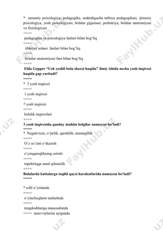 ar ==== uning faoliyatini vujudga keltirgan yangi imkoniyatlar bilan ularni qondirish ==== sharoitlari o‘rtasidagi qarama-qarshiliklar tizimining namoyon bo‘lishidir ==== uning faoliyatida qarama-qarshiliklar tizimining namoyon bo‘lishidir ++++ o‘smirlik yosh davrida yetakchi faoliyat turlarini ko‘rsating. ==== * o‘qish, muloqat hamda mehnat ==== o‘yin, muloqat hamda mehnat ==== o‘qish, muloqat hamda o‘yin ==== o‘yin, o‘qish hamda mehnat ++++ o‘smirlik davri to‘g‘ri ko‘rsatilgan javobni toping? ==== *11-12 yoshdan 14-15 yoshgacha ==== 14-16 yoshdan 20-25 yoshgacha ==== 8-10 yoshdan 12-14 yoshgacha ==== 18-20 yoshdan 24-25 yoshgacha ++++ o‘smirlik avtonomiyasi qanday turlardan iborat? ==== * huquqiy, emotsional, makoniy ==== rivojlantiruvchi, ta’limiy, sotsial ==== huquqiy, sotsial, ta’limiy ==== emotsional, rivojlantiruvchi, makoniy ++++ “endi u bola emas–u, hali katta ham emas”-bu formula qaysi yosh davr xarakterini bildiradi? ==== * o‘smirlik davri ==== ilk bolalik ==== kichik maktab yoshi davri ==== maktabgacha yosh davri. ++++ ta’lim jarayonida beriladigan bilim, malaka, ko‘nikmalarni shaxs tomonidan o‘zlashtirishning individual ko‘rsatkichlari nima? ==== *ta’limga …