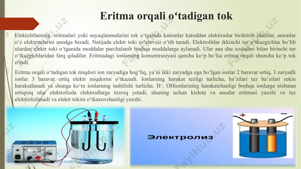 a vodorod, anodda kislorod hosil boʻladi. osh tuzining suvdagi eritmasi elektroliz qilinganida quyidagi oʻzgarishlar boʻladi metallar tuzlarining suyqlanmalari hozirda koʻpgina metallar tuzlarining suyqlanmalari elektroliz yoʻli bilan olinmoqda: al, мг, ca, na; mеtalmaslardan: h2, o2, f2, cl2 va ishqorlar shu usul bilan olinmoqda. k+, ca+2, na+, al+3, zn+2, fe+3, sn+2, pb+2, cu+2, hг+2, aг+, pt+4, au+ меtallarning kimyoviy faolligi kamayadi va metal ionlarining qaytarish faoliyati ortadi→. j–, br–, s-2, cl–, oh–, no–3, so-24, po-34 → оksidlanish faolligi kamayadi. nacl ning suvdagi eritmasi nacl ning suvdagi eritmasi elektroliz qilinganida katodda natriy metali, anodda xlor gazi ajralib chiqadi. hozirda мg, са, nа kabi metallar va metalmaslar ham cl2, о2, н2 ham shu usulda olinadi. quyida suvni elektroliz usuli tasvirlangan. ishning borishi: 1. pasportda koʻrsatilganidek asbob yigʻiladi. аsbobning klemmalari qizili-tomoni milliamermetrni ―-― tomoniga ulanadi. мilliampermetrni koʻrsatuvchi 500 ml quyiladi. та’minot manbai kex dan taminlovchi oʻzgaruvchan tokning 42 v tarmogʻiga ulanadi, bunda milliampermetrning indikator yorugʻlik …