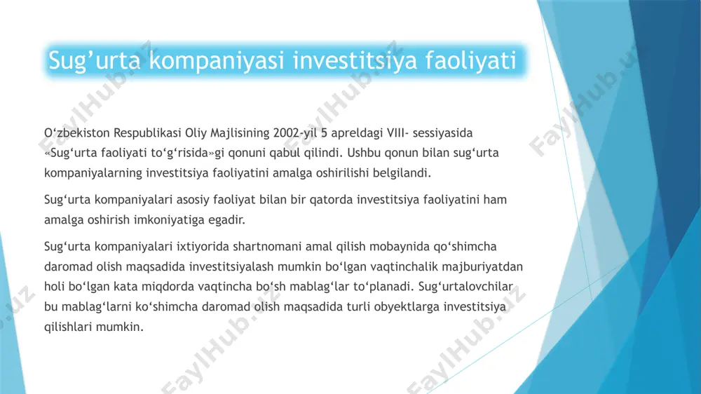 etgan zararni qoplashni sug‘urta shartnomasi shartlariga asosan o‘z zimmasiga oladi. shuning uchun investitsiya rejalashtirilayotgan to‘lov majburiyatlarining bajarilishi extimolligi asosiy omillardan biri hisoblandi. bunda,davlat faqatgina sug‘urta zaxiralarini joylashtirish qoidalarini o‘rnatish bilan sug‘urta fondlarini investitsiya qilish jarayonini qattiq nazorat qiladi. bunday tartiga solishning zarurligi quyidagi ikki omil bilan asoslanadi. birinchidan, moliyaviy resurslarni harakati xarakteri bilan, qaysiki sug‘urtalovchi ixtiyorida ma’lum davr davomida vaqtincha bo‘sh mablag‘lar (ammo, ularning barchasi sug‘urta shartnomasi bo‘yicha majburiyatlar bilan bog‘liq emas) bo‘ladi va bu mablag‘lar qo‘shimcha daromad olish maqsadida investitsiya qilinishi mumkin. ikkinchidan, bu mablag‘larni sug‘urtalovchi majburiyatlarga ega bo‘lgan, ya’ni sug‘urtalanuvchi va sug‘urta qildiruvchilar tomonidan investitsiya qilinishi ustidan nazorat qilishning imkoniyati yo‘qligi bilan. “ ” investitsiyafaoliyatiningdavlattomonidantartibgasolinishi sug‘urtalovchi va qayta sug‘urtalovchining investitsiya faoliyatining obyekti quyidagilar hisoblanadi: – o‘zbekiston respublikasining davlat qimmatli qog‘ozlari; – xorijiy davlatlarning davlat qimmatli qog‘ozlari; – bank sertifikatlari (depozit sertifikatlari); – kredit tashkilotlaridagi omonatlar (depozitlar); – ko‘char va ko‘chmas mulk (binolar, inshoatlar, jixozlar va boshqa moddiy qiymatliklar) …