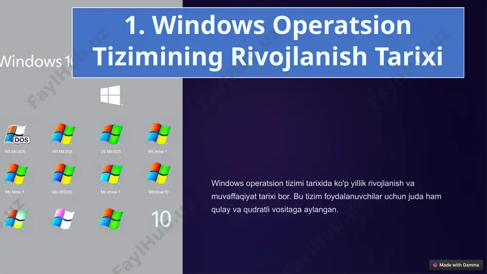 himcha talab vista uchun yangi funktsiyalar va xususiyatlar uchun qo'shimcha resurslar talab etildi. muammolar vista dastlabki yillarda barqarorlik va mos kelmaydigan dasturiy ta'minotlar bilan muammolar keltirib chiqardi. 7 windows 7 va uning muvaffaqiyati yangi dizayn windows 7 yanada yangilangan ko'rinish va qulay interfeysga ega. barqarorlik windows 7 dastlabki versiyalarga nisbatan barqarorroq va xavfsizroq bo'ldi. keng tarqalish windows 7 keng qo'llanilgan va sevimli operatsion tizimga aylandi. 8 windows 8 va uning hijjasi sensorli interfeys windows 8 yangi sensorli qurilmalarga mos keladigan dizaynni taqdim etdi. tirikliklar yangi "tiriklik" qirralari foydalanuvchilarga tezkor axborot berish imkonini berdi. ilovalar do'koni windows ilovalarini o'rnatish uchun yagona markazlashtirilgan ilovalar do'koni yaratildi. 9 windows 10 - zamonaviy va yaxshilangan operatsion tizim yangi dizayn windows 10 yangi, yaxshilangan va zamonaviy dizaynni o'z ichiga oldi. virtual assistent cortana virtual assistent foydalanuvchilarga qulay interaktiv yordam beradi. integratsiya windows 10 yanada ko'proq microsoft ekotizimiga integratsiya qilindi. 10 windows operatsion tizimining kelajagi 1 …