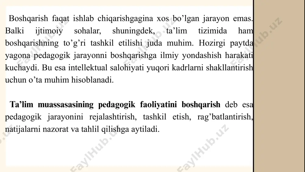 idagi yuqori hukumat va uning boshqarish organlari hamda mahalliy hukumat va uning boshqarish organlari tomonidan amalga oshirilishi ko’rsatilgan. xalq ta’limi vazirligi, oliy va o’rta maxsus ta’lim vazirligi o’zbekiston respublikasida ta’limni boshqarishning davlat yuqori organlari hisoblanadi. vazirliklar o’zini vakolatlik doirasida: -ta’lim sohasida yagona davlat siyosatini ro’yobga chiqaradi; - ta’lim muassasalari faoliyat ini muvofiqlashtiradi va uslub masalalarida ulaiga rahbarlik qiladi; ta’lim oluvchilarning yakuniy davlat attestatsiyasi va davlat ta’lim muassasalarida eksternat to’g’risidagi nizomlarini tasdiqlaydi; -davlat ta’lim standartlari, mutaxassislarining bilim saviyasi va kasbiy tayyorgarligiga bo’lgan talablarning bajarilishini ta’minlaydi; xalq ta’limi vazirligining mahalliy organlari quyidagilar sanaladi: xalq ta’limi vazirligining mahalliy oiganlariga xalq ta’limi viloyat boshqarmalari, shahar, tuman bo’limlari kiradi. xalq ta’limi bo’limlari mahalliy hokimlik tasarrufiga kiradi va unga bo’ysunadi. koraqolpog’iston respublikasi xalq ta’limi vazirligi, xalq ta’limi viloyat boshqarmalari, shahar va tuman bo’limlari ikki tomonlama — . ular maktab faoliyati yuzasidan davlat nazoratini olib boradi va uning rivojini ta’minlash uchun ko’maklashadi. ularning vakolatiga maktab direktorlari va …