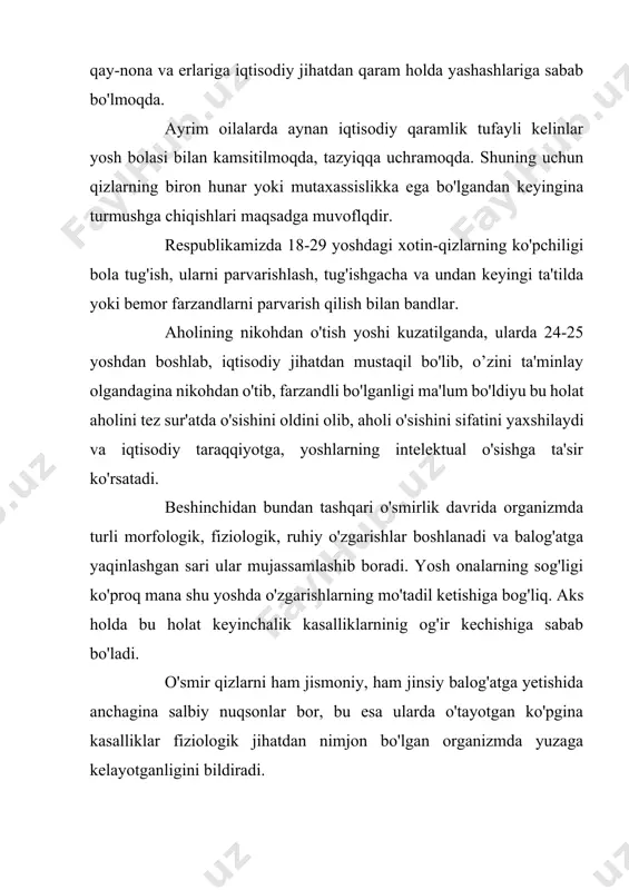 ni ko'zlagan holda "agar shu yigitga turmushga chiqsam, boy-badavlat yashayman" yoki "shu qizga uylansam, uning ota-onasi yordamida ma'lum bir mansab, mavqega erishaman" yoki "yolg'izlikdan qutilish" kabilar. 3. stereopik bo'yicha oila qurish — ya'ni bunday oila qurgan yoshlardan so'ralsa, "hamma tengdoshlarim o'ylanayotgandi, men ham uyladim" yoki "hamma dugonalarim turmushga chiqishayotgandi, men ham turmushga chiqdim" kabilar. xo'sh bu oilalarning qay biri mustah-kamroq bo'ladi? ko'pchilik sevgi deb javob berishi tabiiy, chunki sevgining oila mustahkamligidagi o'rni beqiyosdir. albatta sevishib turmush qurgan juftlarning aksariyati baxtli hayot kechirishadi. lekin statistik ma'lumotlarga qaraganda ajralishning aksariyat qismi ham xuddi shunday sevishib oila qurgan juftlarga to'g'ri kelar ekan. agar o'zaro ahdupaymon qilganlar oila qurganlaridan keyin "murod — maqsadimga erishdim" deb sevgisini himoya qilishni, uning uchun kurashmasa sevgi nobud bo'ladi, sevgi nomi bilan qilingan orzu-niyatlar sarobga aylanadi. ikinchi ya'ni moddiy sababchi? — uning ta'siri bu sabablarni qay darajada amalga oshishiga bog'liq. ya'ni ko'zda tutilgan narsalarning barchasi ro'yobga chiqaversa, u nikoh …