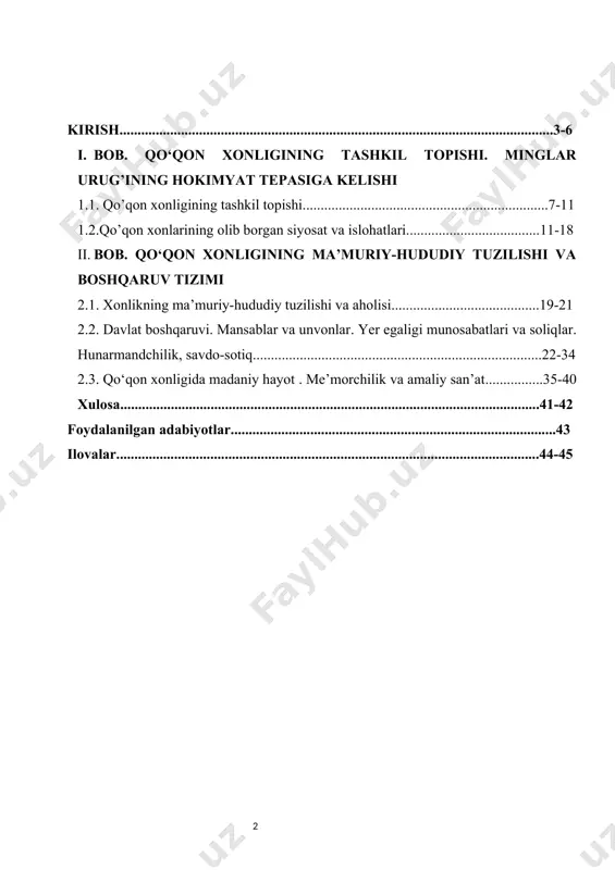 uchun uning ma'muriy tizimini o‘rganish orqali o‘sha davrdagi boshqaruvning qanday ishlashini, hukumatning tashkil etilishi va xalqqa xizmat ko‘rsatish jarayonlarini tahlil qilish mumkin. qo‘qon xonligining boshqaruv tizimi o‘zining xususiyatlari bilan ajralib turadi. xonlikda feodal tuzilma, viloyatlar, mirzalar va boshqa davlat mansabdorlarining o‘zaro aloqalari haqida bilish, zamonaviy boshqaruv tizimlariga qarshi qo‘llaniladigan usullarni tushunishga yordam beradi. qo‘qon xonligining ijtimoiy tuzilishi va ularning iqtisodiy, madaniy va diniy aspektlarini o‘rganish, o‘sha davrda mavjud bo‘lgan adolat va tenglik masalalariga qanday yondoshuvlar mavjudligini ko‘rsatadi. qo‘qon xonligi markaziy osiyoning boshqa hududlari bilan o‘zaro munosabatlar o‘rnatgan, shuning uchun bu xonlikning boshqaruv tizimi va hududiy tuzilmasi boshqa hududlar bilan aloqalar nuqtai nazaridan ham dolzarb. bugungi kunda, tarixiy tushunchalarni, boshqaruvni va tizimlarni o‘rganish nafaqat tarix fanlariga, balki siyosatshunoslik, iqtisodiyot va huquq sohalarida ham ahamiyatli.shuning uchun, qo‘qon xonligining ma'lum hududiy tuzilishi va boshqaruv tizimi haqida kurs ishi yozish, o‘sha davrning siyosiy, ijtimoiy va iqtisodiy masalalarini chuqur o‘rganishga imkon beradi va tarixiy tadqiqotlar …