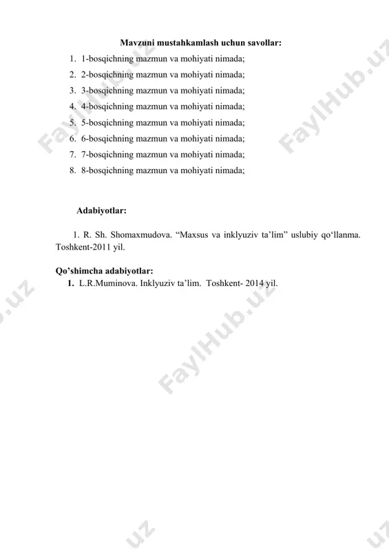 nazarda tutiladi. yuqorida aytib o‘tilganidek, o‘zgarishlarni ta’minlashda o‘qituvchilar muhim rol o‘ynaydilar. quyida o‘qituvchilarga o‘zgarishlarga qanday erishish mumkinligi haqida xargreyvas va fullan (2012) tomonidan taklif etilgan uslubiy tavsiyalar berilgan: 1. professionallar kabi o‘qitish – eng so‘nggi ilmiy ma’lumotlardan foydalanish imkoniyati va hamkasblardan yangi g‘oyalarni izlash. 2. o‘zingizdan boshlang – o‘z shaxsiy tajriba va bilimingizni baholang, kasbiy malakalar rivojlanishidagi ehtiyojlaringizni ko‘rib chiqing. 3. ziyrak o‘qituvchi bo‘ling – o‘z tajribangizni rivojlantirishga mablag‘ to‘plashingiz sizning o‘qitishinigize’tiqod va qadriyatlaringizga mos kelishiga ishonch hosil qiling. 4. ijtimoiy kapital hisobiga o‘z shaxsiy kapitalingizni yarating – o‘zingizning kuchli va kuchsiz tomonlaringizni ko‘rib chiqing, ilmiy kuzatishlarda ishtirok eting. 5. sizning hamkasblaringizni tortuvchi va itaruvchi – g‘ayrat-shijoatli hamkasblarni tortish va ulardagi o‘quvchilar o‘zlashtirishini takomillashtirishdagi sizning g‘oyalaringizga yangi yondashuvlarni rag‘batlantirish. 6. o‘z qarorlar qabul qilish jamg‘armangizni to‘plang – sizning ta’lim olishingiz va hamkasblaringizdan qayta aloqa olishni takomillashtirish uchun berilgan ma’lumotlardan foydalanish yo‘li bilan ta’sir doirasini kengaytirish. 7. ungacha boshqarish – liderga …
