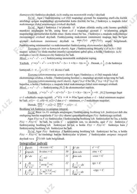 d to’plam f funktsiyaning aniqlanish sohasi deyiladi va d(f) orqali belgilanadi. ko’pincha sonli funktsiya formula yordamida berilgan bo’lib, uning aniqlanish sohasi argumentlarning joiz qiymatlaridan iborat (ushbu aniqlanish sohasi tabiiy deyiladi). ta’rif. f funktsiya berilgan bo’lsin. a) {y / (( x ( d(f)) y= f(x)} to’plam f funktsiyaning qiymatlar to’plami deb yuritiladi va e( f ) orqali belgilanadi. b) { (x,y) ( r2 / x ( x, y = f(x)} kurinishdagi to’plam f funktsiyaning grafigi deyiladi. funktsiyalar ustida algebraik amallar qo’yidagicha kiritiladi: (f (g)(x) =f(x) (g(x) , d(f (g)= d( f)(d(g) (f ( g)(x) =f(x) g(x) , d(f (g)= d( f)(d(g) = , d = {x(d( f)(d(g)/ g(x)(0) ta’rif. f , g funktsiyalar uchun h(x)=g(f(x)) tenglik bilan aniqlangan va aniqlanish sohasi d(h) = {x(d(f)/ f(x)(d(g) } bo’lgan h funktsiya murakkab funktsiya deyiladi va u g f yoki g f orqali belgilanadi. adabiyotlarda g f funktsiya g va f funktsiyalar superpozitsiyasi yoki …