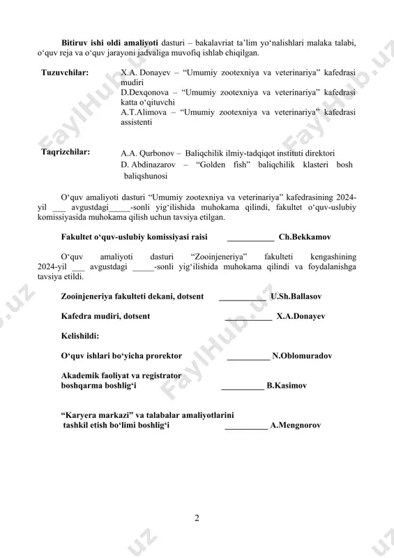 ........................................... 5 1.1 amaliyotning maqsadi va tashkil etish masalalari......................................... 6 2 kafedra bo ‘yicha amaliyot rahbaring vazifalari...................................... 6 2.1 bitiruvchining majburiyati va vazifalari........................................................ 7 3 bitiruv ishi oldi amaliyotining mazmuni.................................................... 7 3.1 bitiruv ishi oldi amaliyotini o‘tash tartibi...................................................... 8 3.2 bitiruv ishi oldi amaliyoti rejasida ko‘rsatilgan vazifalar mazmuni.............. 8 4 bitiruv ishi oldi amaliyotini baholash tartibi............................................. 12 5 bitiruv ishi oldi amaliyoti bo‘yicha hisobotga talablar............................. 13 6 tavsiya qilingan asosiy va qo‘shimcha adabiyotlar va o‘quv-uslubiy qo‘llanmalar ro‘yxati…..…...…................................................................. 17 7 ilovalar…………………....………………………...………………. 18 kirish o‘zbekiston respublikasi prezidentining 2023-yil 3-iyuldagi “ma’muriy islohotlar doirasida oliy ta’lim, fan va innovatsiyalar sohasida davlat boshqaruvini samarali tashkil qilish chora-tadbirlari to‘g‘risida” pq-200-son qarori, o‘zbekiston respublikasi vazirlar mahkamasining 2024-yil 8-yanvardagi “oliy ta’lim tashkilotlari talabalarining haq to‘lanadigan malaka amaliyotini tashkil etish tartibi to‘g‘risida”gi 11-son qarori, oʻzbekiston respublikasi prezidentining 2023-yilda 7-iyuldagi “agrar sohada ilm-fan, ta’lim va ishlab chiqarishni integratsiya qilish orqali sifat va samaradorlikni oshirishning qo‘shimcha chora-tadbirlari to‘g‘risida”gi pq-216-son qarori, o‘zbekiston …