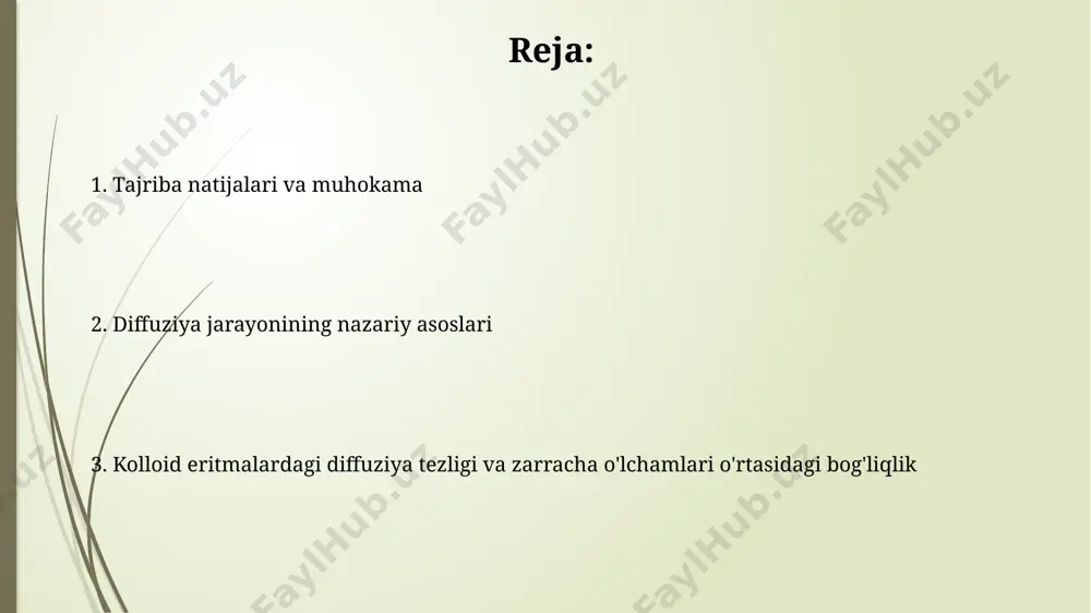 ifodalaydi va alberta universitetida o'tkazilgan tajribalar bu tenglamaning to'g'riligini tasdiqladi. stoks-eynshteyn tenglamasi, 1905 yilda albert eynshteyn tomonidan braziliya fizikasi bo'yicha tadqiqotlarda kichik zarrachalarning braun harakati bilan bog'liq holda olingan. u zarracha o'lchami bilan diffuziya o'rtasidagi teskari bog'liqlikni ko'rsatadi. tajriba natijalari va ularning tahlili 50та тажриба натижаларини статистик таҳлили самарқанд университетида амалга оширилиб, заррачалар ўлчами билан диффузия коэффициентининг тескари пропорционал боғлиқлигини тасдиқлади, корреляция коэффициенти 0.95 га тенг бўлди. фарғона водийсида ўтказилган тажрибаларда ҳароратнинг 25°с дан 40°с га оширилиши билан 5 мкм заррачаларнинг диффузия тезлигининг 15% га ошгани кузатилди, бу эса эйнштейн-стокс тенгламаси билан яхши мос келди. diffuziya koeffitsiyentini aniqlash usullari turli o'lchamdagi kolloid zarrachalarining diffuziya koeffitsiyentini aniqlash uchun, masalan, 50 nm dan 500 nm gacha bo'lgan zarrachalar uchun, fotosensitiv kamera va kompyuter yordamida fransiyada ishlab chiqilgan dynamic light scattering (dls) texnologiyasidan foydalanish mumkin. diffuziya koeffitsiyentini aniqlashning optik usullaridan biri, 20°c haroratda suvda tarqalayotgan 10 nm o'lchamli oltin nanopartikulalarining dinamik yorug'lik sochilishini …
