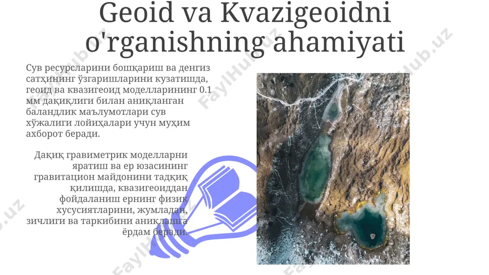 oid geoid va kvazigeoid o'rtasidagi farq 1 metrdan kam bo'lishi mumkin, ammo bu kichik farq yuqori aniqlikdagi geodezik ishlarda muhim rol o'ynaydi va gps ma'lumotlarini qayta ishlashda inobatga olinadi. geoid yerning o'rtacha dengiz sathini modellashtiruvchi ekvipotensial sirt bo'lib, unda og'irlik kuchi potentsiali doimiy, taxminan 6371 km radiusga ega. kartografiyada geoid va kvazigeoid 01 02 kartografiyada geoid yerning o'rtacha dengiz sathini ifodalovchi matematik model bo'lib, undan 10 metrgacha bo'lgan aniqlikdagi balandliklarni aniqlashda foydalaniladi. sales 1st qtr 2nd qtr 100 0 sales 1st qtr 2nd qtr 100 0 geoid va kvazigeoidning qo'llanilishi geoid, yerning gravitatsion maydonini aniqlashda, masalan, 1 sm gacha aniqlikdagi balandliklarni aniqlashda va okean sathini aniq modellashtirishda qo'llaniladi. kvazigeoid, geodeziya va kartografiyada, xususan, balandliklarni aniqlash tizimlarida, masalan, ellipsoid va ortmetrik balandliklar o'rtasidagi farqni aniqlashda muhim rol o'ynaydi. geoid va kvazigeoid o'rtasidagi farqlar geoid yerning o'rtacha dengiz sathini modellashtiradi, kvazigeoid esa ellipsoidga nisbatan 0-ni qo'yadi va bu 10-20 sm gacha bo'lgan …