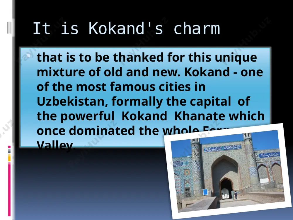 .arxiv.uz maria recounted her impressions in the book "from paris to samarkand". among other things, the book contained an interesting description of the interior decoration of the palace which then had 113 rooms. the modarikhan mausoleum associated with the name of the poetess nadira, is of interests well. www.arxiv.uz this is a small crypt with two minarets. the death of nadira - wife of the kokand ruler and the poet umarkhan amiri - was tragic; executed by the order of nusrulla, the bukhara emir. www.arxiv.uz skilful artists and artisans have made worthy contributions to the history of uzbekistan by creating remarkable applied art and artifacts. many technical and secondary schools are in kokand. it is a city of poets, writers and actors, it is a centre of "askia" -witty uzbek humours. www.arxiv.uz image2.jpeg image3.jpeg image4.jpeg image5.jpeg image6.jpeg image7.jpeg image8.jpeg image9.jpeg image10.jpeg image11.jpeg