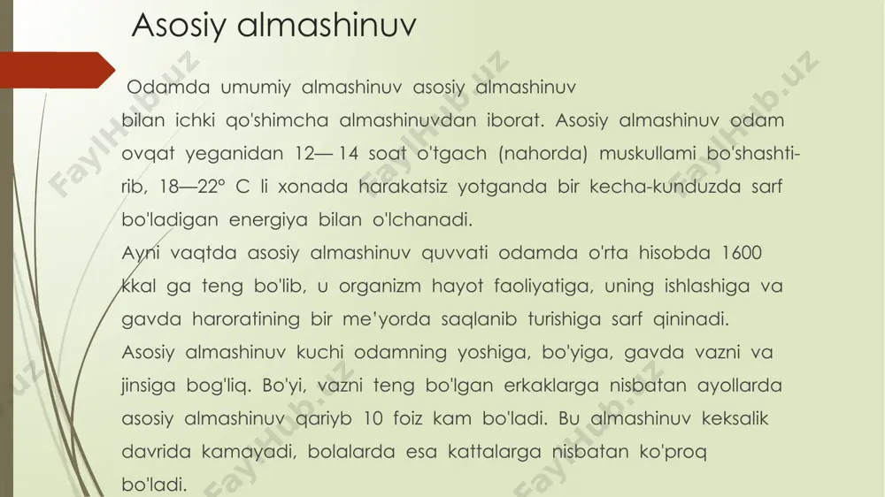 arayon mitoxondriyal matritsada uchraydi va piruvatni quyidagi jarayonni boshlaydigan element - atsetil-koa ga aylantiradi 3.krebs tsikli: nitrat kislota aylanishi deb ham ataladigan bu jarayon tufayli hujayra nafasi natijasida yuzaga keladigan 38 ta nazariy atp ning 24 tasi sintez qilinadi. krebs tsikli xuddi shu tarzda mitoxondriyal matritsada uchraydi. 4.oksidlovchi fosforillanish: bu qadamda nadh va fadh2 oldingi fazalardan olingan, mitoxondriyaning ichki membranasiga joylashtirilgan bir qator oqsillar orqali elektronlar harakati tufayli atp ga aylanadi. e’tiboringiz uchun rahmat image1.jpg image2.png image4.jpg image3.jpg
