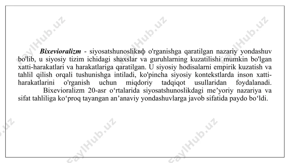 qanday qaror qabul qilishlarini, bir-biri bilan qanday munosabatda bo'lishlarini va bu siyosiy jarayonlar va natijalarga qanday ta'sir qilishini tushunishga intiladi. siyosatshunoslikda bixeviorizmning ta'rifi 3 bixeviorizm kuzatilgan faktlar va ma'lumotlar asosida siyosiy xatti-harakatlarni ob'ektiv va ilmiy o'rganishga intiladi. u spekulyativ g'oyalar va taxminlarni rad etadi, aksincha empirik tadqiqotlar va tahlillarga asoslanadi. bixeviorizm kuzatilgan faktlar va ma'lumotlar asosida siyosiy xatti-harakatlarni bashorat qilish va tushuntirishga intiladi. u turli xil o'zgaruvchilar va siyosiy xatti-harakatlar o'rtasidagi aloqalarni aniqlash uchun statistik usullar va modellardan foydalanadi. bu siyosiy jarayonlar va ularning natijalarini aniqroq bashorat qilish va tushuntirishga imkon beradi. bixeviorizm tanqidiy fikrlashni va tadqiqot yondashuvlari va usullarini doimiy ravishda yangilashni rag'batlantiradi. bixevioristlar doimiy ravishda siyosiy jarayonlarni yaxshiroq tushunish va ularning natijalarini bashorat qilish uchun o'z nazariyalari va modellarini takomillashtirishga intilishadi. bixeviorizm odamlarning siyosiy sohadagi kuzatilgan xatti-harakatlariga qaratilgan. u odamlar qanday qaror qabul qilishlarini, qanday ovoz berishlarini, siyosiy harakatlarda ishtirok etishlarini va boshqalarni o'rganadi.ichki motivatsiya va mafkuralarni o'rganish …
