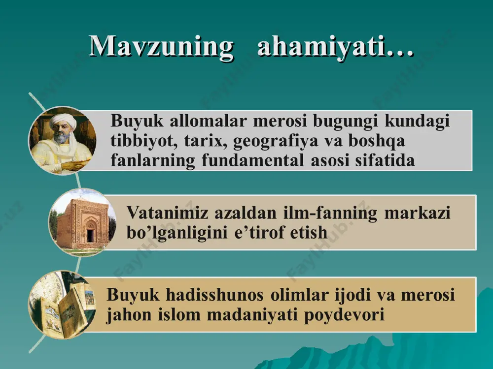 asviriy san’at tеmuriylаr dаvridа tаsviriy sаn'аt nаmоyondаlаri: * sоzаndа vа bаstаkоrlаr: -shоhquli g'ijjаkiy -qоsim rаbbоniy -qulmuhаmmаd shаyхiy -аbduqоdir nаyiy -husаyn udiy tеmuriylаr dаvridа musiqa madaniyati musiqiy оhаnglаr: -dugоh -sеgоh -chоrgоh -pаnjgоh -bаyot -rоyi irоq -shоshmаqоm tеmuriylаr dаvridа musiqa madaniyati tеmuriylаr dаvridа tarix ilmi adаbiyot nаmоyondаlаri: -аtоiy -lutfiy -bоbur -sаkkоkiy -аlisher nаvоiy -haydar хоrаzmiy -sаyfi sаrоyi tеmuriylаr dаvridа badiiy adabiyot tоshkеntdаgi аmir tеmur nоmidаgi хiyo- bоn vа ungа o'rnаtilgаn hаykаl tеmuriylаr tаriхi dаvlаt muzеyi mustаqil- lik yillаri bunyod еtilgаn yirik mаjmuа 3-renessans… «bugungi kunda butun xalqimizning qalbidan chuqur joy olgan, umummilliy harakatga aylanib borayotgan „yangi o‘zbekiston“ g‘oyasi zamirida ana shunday ulug‘ ajdodlarimiz, umuman olganda, milliy tariximizda birinchi va ikkinchi uyg‘onish davrlariga asos solgan alloma bobolarimizning orzu-intilishlari va armonlari ham mujassam, desak, adashmagan bo‘lamiz. 3-renessans… o‘zbekiston zamini qadimda ikki buyuk uyg‘onish davriga - birinchi (ma'rifiy - ix-xii asrlar) va ikkinchi (temuriylar - xiv-xv asrlar) renessansga beshik bo‘lgan. bu - jahon ilm-fanida o‘z …