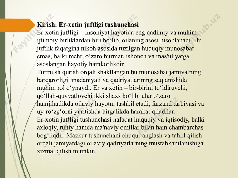 da qarorlar qabul qilinadi. er-xotin munosabatlarining ijtimoiy-psixologik ahamiyati er-xotin o‘rtasidagi munosabatlar har qanday jamiyatning ijtimoiy hayotida muhim o‘rin egallaydi. bu munosabatlar nafaqat ikki shaxs o‘rtasidagi shaxsiy aloqa, balki butun jamiyatning madaniy, axloqiy va ruhiy muhitiga bevosita ta’sir ko‘rsatadi. oila – jamiyatning eng kichik, ammo eng muhim ijtimoiy birligi hisoblanar ekan, er va xotin o‘rtasidagi sog‘lom va barqaror munosabatlar bu birlikning mustahkamligiga asos bo‘ladi. psixologik nuqtai nazardan qaralganda, er-xotin munosabatlari har ikki tomonning ruhiy holatiga, shaxsiy rivojlanishiga va hayotiy qoniqish darajasiga sezilarli darajada ta’sir qiladi. o‘zaro hurmat, mehr, ishonch va samimiyat asosida qurilgan munosabatlar er va xotinning o‘zini erkin ifoda etishiga, hissiy barqarorlikka erishishiga va umumiy hayotdan mamnun bo‘lishiga yordam beradi. aksincha, nizoli va sovuq munosabatlar esa stress, tushkunlik, ruhiy siqilish kabi muammolarga sabab bo‘lishi mumkin. ijtimoiy jihatdan esa, er-xotin munosabatlarining barqarorligi farzand tarbiyasi, oilaviy muhit va jamiyatda sog‘lom avlod voyaga yetishida muhim omil sanaladi. bolalar ko‘pincha ota-ona munosabatini kuzatgan holda …