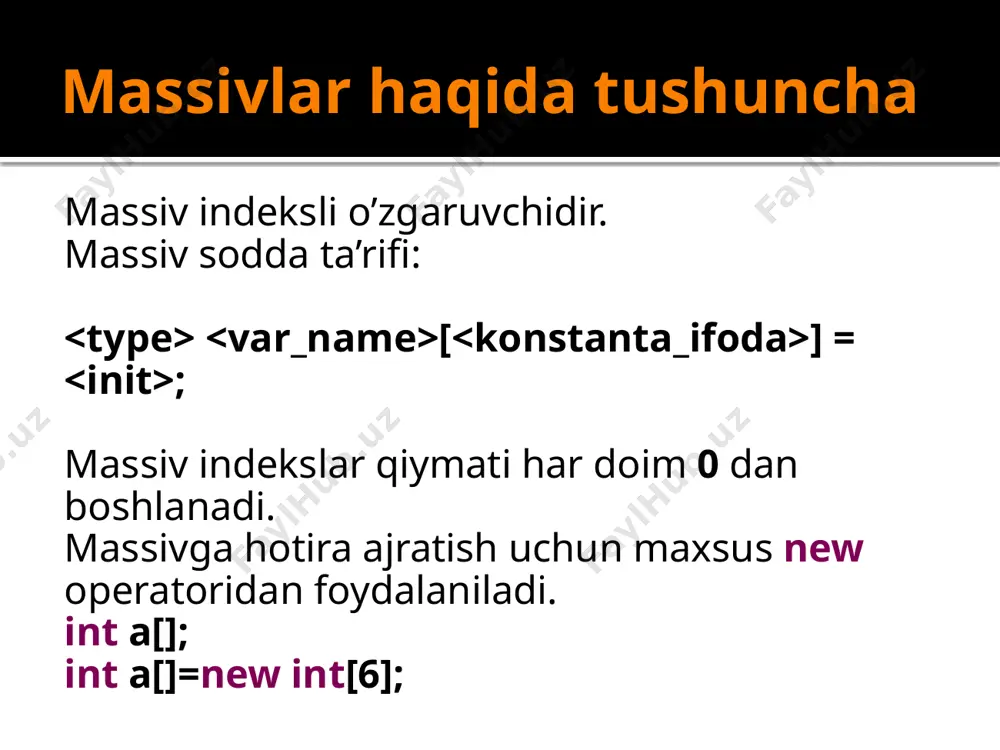 tarray = new int[10]; for (int i = 0; i < 10; i++) { intarray[i] = 100; } for (int i = 0; i < 10; i++) { system.out.println(intarray[i]); } } } massivlarni o’zlashtirish int[] a = new int[] {100, 99, 98}; // “a" massiv int[] b; // "b" b = a; // “b” “a” ga ko’rsatadi b[1] = 8; //b [1] ning qiymati 8 bo’ladi, chunki “b” “a” ni ko’rsatib turibdi. ko’p o’lchamli massivlar int a[][] = new int[2][4]; a[0][0] = 9; a[0][1] = 5; a[0][2] = 3; a[1][3] = 7; a[1][4] = 2; a[][] 0 1 2 3 0 9 5 3 0 1 0 0 7 2 a[][] = ko’p o’lchamli massivlar class multidimarray { public static void main(string []args) { int[] a[], b[]; b = new int[][] {{5,8,1},{4,5,6},{4,6,8}}; for(int i=0; i < b.length; i++) system.out.println(b[i][i]); } } } massivdan nusxa olish public static void arraycopy(object src, …