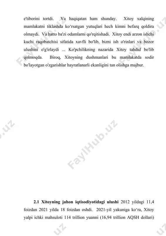 qimmatli qog'ozlar sohasida faoliyat yurituvchi kompaniyalarning jami aktivlari 21,2 foizga o'sdi; sug'urta kompaniyalarining umumiy aktivlari 6,8 foizga o'sib, 24,89 trillion yuanga yetdi. 2022-yil mart oyi oxiri holatiga ko‘ra, xitoyda 6232 ta mikromoliya kompaniyasi mavjud. 2022-yilning birinchi choragi oxirida ularning umumiy kredit qoldig‘i 933 milliard yuanga (taxminan 140 milliard dollar) yetdi. 2022-yil avgust oyi oxiri holatiga ko‘ra, mamlakatda 137 mingdan ortiq xususiy mablag‘lar ro‘yxatga olingan, shu jumladan umumiy hajmi qariyb 10,97 trillion yuan bo‘lgan 31,6 mingdan ortiq xususiy kapital fondlari va umumiy hajmi 2,72 trillion dollar bo‘lgan 17,6 mingdan ortiq venchur investitsiya fondlari yuan; xitoyda xususiy mablag‘larning umumiy hajmi 20,41 trillion yuanni (2,87 trillion aqsh dollari) tashkil etib, o‘tgan hisobot davriga nisbatan 19,36 milliard yuanga ko‘p. xitoyda ikkita asosiy fond birjalari mavjud: shanxay va shenchjen (gonkong xorijda hisoblanadi). 2020 yil oxirida ushbu ikki birja bozor kapitallashuvi 79,65 trillion yuan (12,2 trillion dollar) bo‘lgan 4154 ta kompaniyani ro‘yxatga oldi; 2011 yilda jami …