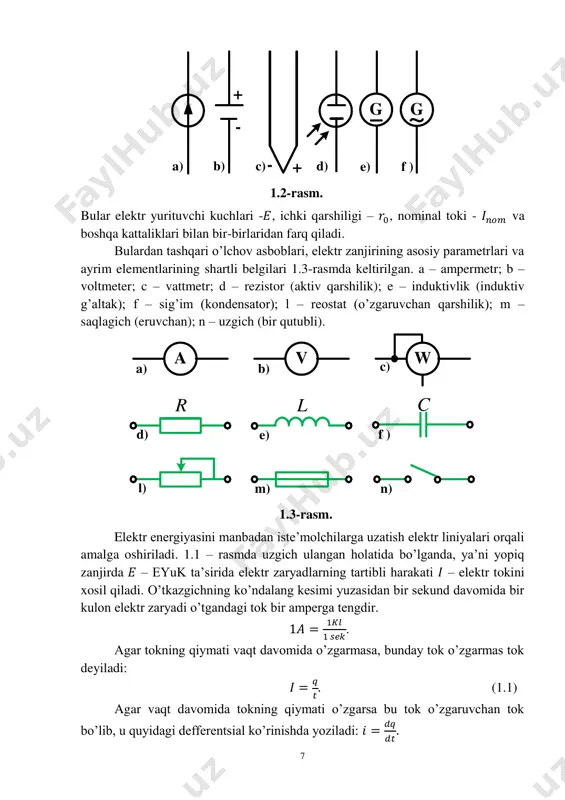kattalik solishtirma oʼtkazuvchanlikdir: ⁄ (1.4) elektr texnikasida turli maqsadlarda tayorlanadigan o’tkazgich simlar uchun asosiy materiallari nisbatan yuqori solishtirma o’tkazuvchanlikka ega bo’lgan metallar bo’lib, ular mis, alyuminiy, po’lat kabelaridir. shuningdek, ushbu metallarning qotishmalari (manganin, konstantan, nixrom va b.) dan ham keng foydalaniladi. ushbu metallarga xos xususiyatlar 1.1- jadvalda keltirilgan. 9 1.1- jadval metallar solishtirma o’tkazuvchanligi ( ) solishtirma qarshiligi ( ) qarshilikning ( ) dagi temperaturada koeffitsienti, ⁄ kumush 62,0 0,016 0,0035 mis 57,0 0,0175 0,004 alyuminiy 35,0 0,0294 0,004 vol’fram 19,0 0,053 0,004 po’lat 7,7 0,13 0,006 manganin 2,4 0,42 0,00003 konstantan 2,0 0,5 0,000005 nixrom 1,0 1,0 0,0001 2. elektr zanjirlarining asosiy qonunlari om qonuni elektr zanjiriga oid asosiy qonun boʼlib, zanjirdagi tok va kuchlanishlarning oʼzaro qanday nisbatda bogʼlanganligini ifodalaydi. bu qonunga koʼra tarmoqlanmagan berk zanjirdagi (konturdagi) tok eyuk ga toʼgʼri proportsional, zanjirning toʼla qarshiligiga teskari proportsionaldir. mazkur qonunga binoan 1.4-rasmda koʼrsatilgan elektr zanjirdagi tok quyidagicha ifodalanadi: , (1.5) …