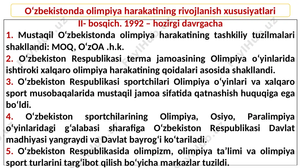 quyidagilardan tashkil topgan: - oʻzbekiston moq prezidenti, bosh kotib va vitse-prezidentlar; - xalqaro olimpiya qoʻmitasining oʻzbekiston respublikasida istiqomat qiluvchi aʼzolari; - olimpiya oʻyinlari dasturiga kirgan sport turlari xalqaro federatsiyalari aʼzolari hisoblanuvchi milliy sport federatsiyalari yoki moq va uning ijroqoʻmining koʻpchilik ovozini tashkil etuvchi vakillari. moq har bir sport turlari boʻyicha bunday xalqaro sport federatsiyalari boshchilik qiluvchi birdan ortiq milliy sport federatsiyalarini tan olmaydi; - olimpiya va milliy sport turi hisoblanmaydigan federatsiyalar vakillari; - sport tashkilotlarining umumiy yigʻilishlarida demokratik yoʻl bilan rivojlantiriluvchi qoraqalpogʻiston respublikasi, viloyatlar va toshkent shahri sport tashkilotlari vakillari; - davlat jismoniy tarbiya va sport boshqarmasi organlari, koʻngilli sport jamiyatlari va muassasalari vakillari; - oldingi va kelgusi olimpiya oʻyinlari atlet-ishtirokchi vakillari; - oʻzbekiston respublikasi milliy olimpiya akademiyasi prezidenti; - sport jurnalistlari federatsiyasi vakillari; - alohida shaxslar — olimpiya harakati taraqqiyotiga ulkan hissa qoʻshayotgan oʻzbekiston respublikasi fuqarolari (koʻzga koʻringan jamoat, fan va sanʼat arboblari); - oʻzbekiston moqning faxriy aʼzolari; - …