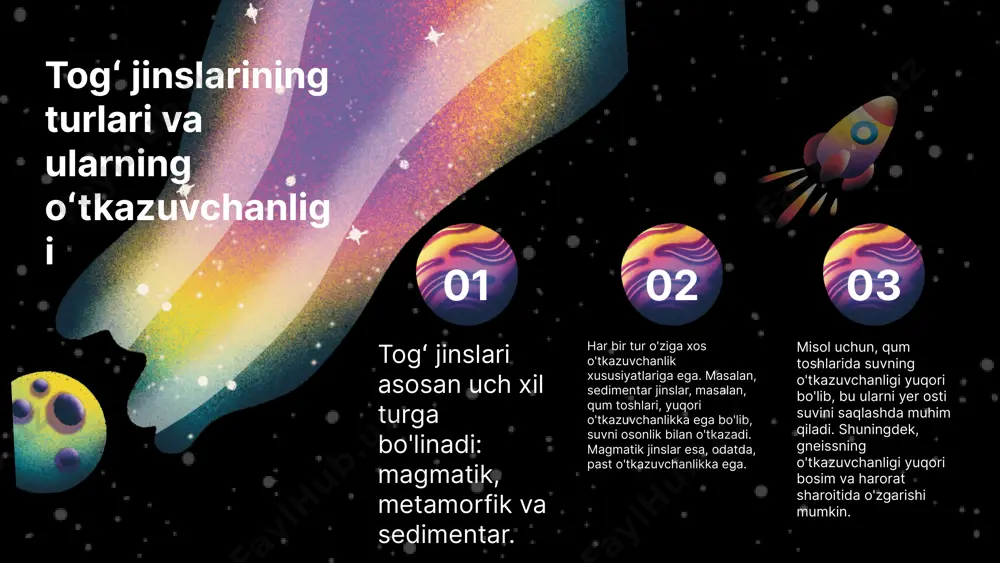 arishlaridan kelib chiqadigan muammolarni hal qilish uchun innovatsion yechimlar ishlab chiqishlari lozim. photo by daniel olah on unsplash oʻtkazuvchanlik va atrof-muhit ta'siri oʻtkazuvchanlikning atrof-muhitga ta'siri muhim ahamiyatga ega. togʻ jinslarining oʻtkazuvchanlik xususiyatlari suv resurslari va tuproq sifatiga bevosita ta'sir qiladi. yuqori oʻtkazuvchanlikka ega jinslar suvni tezda o'tkazib yuborishi, bu esa suv zaxiralarining kamayishiga olib kelishi mumkin. ekologik muvozanatni saqlash bu jarayonda juda muhimdir. ekologik jihatlar va nazorat usullari ekologik jihatlar, suv resurslari va tuproq sifatining saqlanishi uchun oʻtkazuvchanlikni nazorat qilish zarur. bunday nazorat usullari ichida tuproqni to'g'ri boshqarish, suv oqimlarini kuzatish va muvozanatni saqlashga qaratilgan strategiyalarni ishlab chiqish muhimdir. misol sifatida, suvning to'g'ri boshqarilishi va tuproqning sifatini oshirish uchun oʻtkazuvchanlik darajasini nazorat qilish zarurligi keltirilishi mumkin. vs oʻtkazuvchanlikni o‘lchash usullari oʻtkazuvchanlikni o‘lchash uchun laboratoriya va maydon tahlillari muhim ahamiyatga ega. laboratoriyada permeabilitometr va porozimetr kabi usullar yordamida o'lchovlar o'tkaziladi, maydonda esa haqiqiy sharoitlarda o'lchovlar olib, togʻ jinslarining o'ziga xos xususiyatlari …