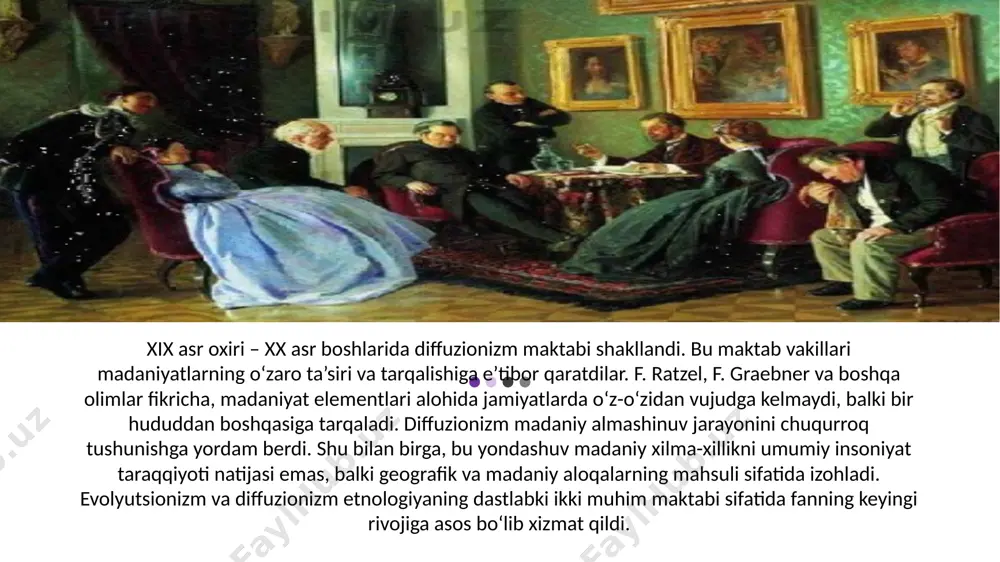 lash imkonini berdi. zamonaviy davrda esa postmodernizm va globalizatsiya jarayonlari etnologiya oldiga yangi vazifalarni qo‘ymoqda. shunday qilib, etnologiyaning asosiy maktablari fan rivojida izchil bosqichlarni tashkil etib, insoniyatning madaniy xilma-xilligini chuqurroq tushunishda muhim nazariy asos bo‘lib xizmat qilmoqda. 9 etiboringiz uchun raxmat! image3.png image4.png image5.png image6.png image7.jpeg
