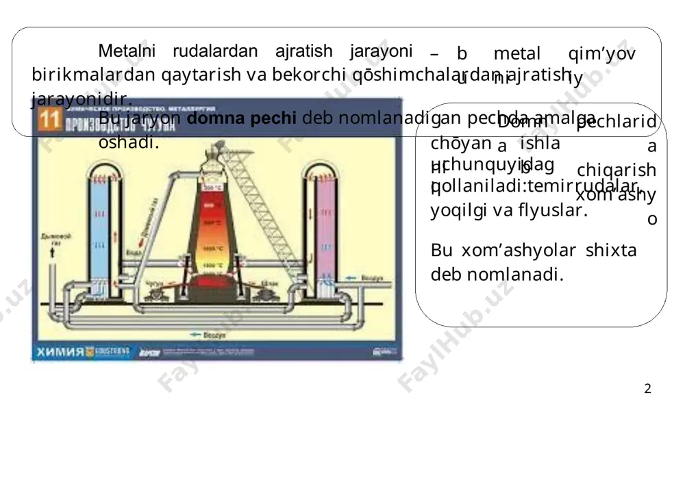 koks+flyus=suv, qoliplar, pishirish ) 4 5 §2. mеtallargiya sanoatida ishlatiladigan ōtga chidamli matеriallar, yoqilgilar, flyuslar. koks ishlab chiqarish. ( ōtga chidamli matеriallar - yuqori tеmpеraturalarda ōzining mеxanik xossalari va mustahkamligini yoqatmasdan suyuq mеtall, shlak va gazlar ta'siriga qarshilik kōrsata oladigan matеriallar. ) mеtallurgiyada ishlatiladigan pеchlarda quyidagi gishtlar ishlatiladi: dinas gishti tarkibi - siо2 , suqlanish temhtraturasi - 17000с magnеzit gishti, mgо2 - 19500с dolomit gishti, mgo*cao - 1800..19500с shamot gishti, al2о3 ,siо2 -1600..17500с (domna pechida) 6 mеtallurgiya sanoatida yoqilg’i sifatida koks, tabiiy gaz, mazut ishlatiladi. ( domna pechlarida yoqilgi nafaqat qizdirish manbai sifatida balqi temirni rudadan tiklash va cho’yan hosil qiluvchi reagent sifatida ishlatiladi. ) ( yoqilgiga qoyiladigan asosiy talablar – ko’p miqdorda issiqlik chiqarish, kam kul ajratish, tarkibida zararli mustaxkam va arzon bo’lish kerak. moddalar kam bo’lish kerak. yoqilgi ) domna pechlarida asosan koks ishlatiladi, uning tarkibiga 10-13% kul va 0,5-2% oltin gugurt kiradi. koks narxi cho’yan ishlab chiqarish …