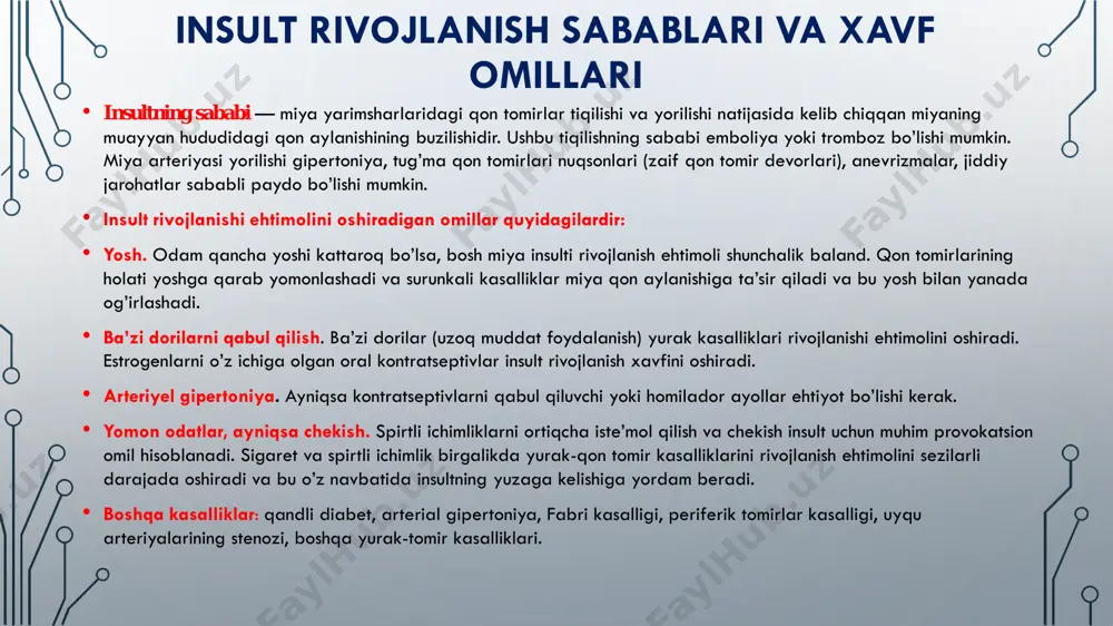 gan hudud antiagregant, antikoagulyant, neyroprotektor (kavinton va boshqalar) va nootrop (pikamilon) preparatlar orqali tiklanadi. zarur bo’lsa, xirurgik davolash amalga oshiriladi. miyaning normal faoliyati antioksidantlar, vitaminlar va to’qimalarda modda almashinuvini (metabolizm) yaxshilash uchun dorilar orqali qo’llab- quvvatlanadi. • gemorragik insultda angioprotektorlar, vazoaktiv dorilar tayinlandi. gemorragik insultni davolashda eng samarali usul jarrohlik aralashuvi hisoblanadi. oqibatlari va insultni oldini olish oqibatlari • insult uzoq muddatli komaga, falajlikka yoki tananing muayyan qismlari mushaklarining pareziga olib kelishi mumkin. insult aql va xotirani yo’qotishga olib keladi. og’ir insult bemorning o’limiga sabab bo’lishi mumkin. insultni oldini olish • insultning oldini olish qon bosimini muntazam ravishda o’lchash orqali amalga oshiriladi. gipertoniya bilan og’rigan kishilar ayniqsa ehtiyotkor bo’lishlari va shifokorning buyurgan dori-darmonlarni qabul qilish, muntazam jismoniy mashqlar bajarish va ovqatlanishga cheklovlar kiritish kabi barcha tavsiyalariga amal qilishlari kerak. chekishni to’xtatish va qonda qand darajasini nazorat qilish kasallik rivojlanishi ehtimolini kamaytiradi. e’tiboringiz uchun raxmat insult kasalligi haqidagi ma’lumotlar mymedic.uz saytida …