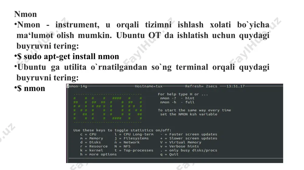 rminaldagi ko`rinishi). fstab: shaklidagi fayl sistemasidagi format: $ findmnt –s (ushbu buyruqning terminaldagi ko`rinishi). $ findmnt -t ext4 (ushbu buyruqning terminaldagi ko`rinishi). linux tizimidagi fayl tizimining montaj qilingan (mounted) disk bo‘limlari haqida ma’lumot beradi. tafsilotlar: target: foydalanuvchi tizimida foydalanayotgan montaj nuqtalari (masalan, / va /boot). source: diskdagi haqiqiy bo‘limlar (masalan, /dev/disk/by-uuid/... yoki /dev/sda5). fstype: montaj qilingan bo‘limlarning fayl tizimi turi (bu yerda ext4). options: ushbu bo‘limlar uchun belgilangan montaj parametrlari. root (/) bo‘limi: manba: /dev/disk/by-uuid/826a510e-20b4-4e1e-a0a0-cc0f06571508 – bu uuid orqali identifikatsiya qilingan asosiy bo‘lim. fayl tizimi turi: ext4 montaj parametrlari: rw – o‘qish va yozish rejimida. relatime – fayllarga oxirgi kirish vaqtini optimallashtirish. errors=remount-ro – agar xatolik yuz bersa, tizimni faqat o‘qish rejimida qayta montaj qilish. data=ordered – jurnalni (journal) ishlash tartibini belgilaydi. /boot bo‘limi: manba: /dev/sda5 – bu disk bo‘limi yuklash (boot) ma’lumotlarini saqlaydi. fayl tizimi turi: ext4 montaj parametrlari: rw – o‘qish va yozish rejimi. relatime – oxirgi kirish …