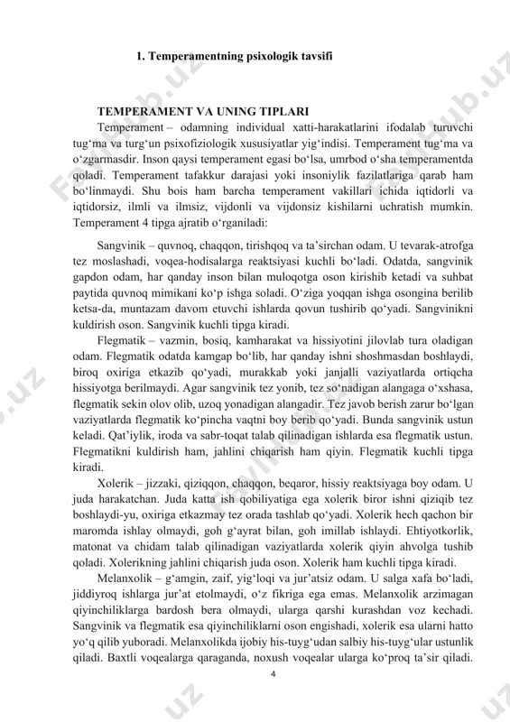 lanxolik – temperamentning kuchsiz tipi. quyidagi rasmda mashhur rassom bidstrup tomonidan chizilgan temperamentning 4 tipi aks ettirilgan. x. bidstrup chizgan rasmlarda aks etgan temperament tiplarini ajratib ko‘rsating. ikkita temperament vakillari, ya’ni sangvinik va flegmatiklar turmush qiyinchiliklariga juda turg‘un moslasha oladilar. sangvinik va xoleriklar ko‘p tarqalgan temperamentlar sirasiga kiradi. bir shaxsning o‘zida temperament 100 % xolerik yoki 100 % flegmatik xususiyatlari bilan kelishi kam uchraydi. masalan, kimdir 70 % xolerik bo‘lsa, unda 30 % melanxoliya alomatlari yoki 75 % flegmatik tipiga 25 % sangvinik tipini eslatuvchi xususiyatlar qo‘shilib kelishi mumkin. biroq bitta odamda ikkita temperament tipi 50/50 bo‘lib kelmaydi. temperament insonning asab tizimining tug'ma barqaror xususiyati bo'lib, bu xatti-harakatlarining individual xususiyatlarini, stressga bo'lgan reaksiyalarini va atrof-muhitga moslashishini aniqlaydi.bu inson tabiatini ilmiy tushunish va shaxsiyatni rivojlantirish, ta'lim va psixoterapiya kabi amaliy maqsadlar uchun muhim tushunchadir."temperament" termini lotincha "temperamentum" so'zidan kelib chiqqan bo'lib, "aralashma, kombinatsiya" degan ma'noni anglatadi. bu insonning fiziologik va psixologik …