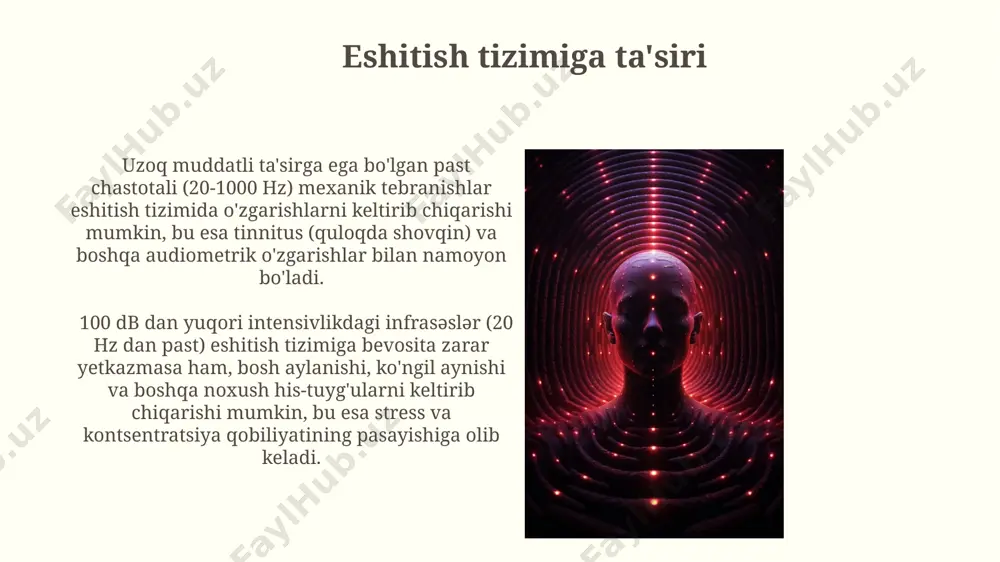 ivlikdagi infrasound, masalan, 120 db dan yuqori darajadagi infrasound, ichki organlarning shikastlanishiga va hatto qon tomirlarining yorilishiga olib kelishi mumkin, bu esa jiddiy sog'liq muammolariga olib kelishi mumkin. 17 gts atrofidagi infrasound chastotalari inson miyasining alfa to'lqinlari bilan rezonans hosil qilib, bosh og'rig'i, ko'ngil aynishi va hatto xavotirni keltirib chiqarishi mumkinligi ilmiy tadqiqotlarda isbotlangan. salbiy ta'sirlar va himoya choralari 100 db dan yuqori shovqin darajasi eshitish qobiliyatining pasayishiga, hatto karlikka olib kelishi mumkin. quloq himoyachilari, masalan, quloq tıkaçları yoki quloqchalar, shovqin ta'siridan himoya qilish uchun zarurdir. yuqori chastotali (20 khz dan yuqori) ultratovush ta'siri hujayra darajasida qizib ketish va shikastlanishga olib kelishi mumkin, bu esa to'qimalarning deformatsiyasi va funksiyalarining buzilishiga olib keladi. himoya choralari sifatida, to'siq sifatida mos keladigan himoya vositalaridan foydalanish kerak. vibratsiyaning inson tanasiga ta'siri yuqori chastotali (1000 gz dan yuqori) vibratsiyalar terining sezgir retseptorlarini qo'zg'atib, uyqusizlik, bosh og'rig'i va asab tizimining buzilishi kabi salbiy ta'sirlarga olib kelishi …