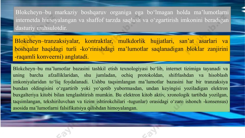 arni to‘g‘ridan-to‘g‘ri bir-biri bilan birgalikda amalga oshiradi. bunday xavfsizlik uchun ularning har biri mas’uliyatli bo‘lishi –shaxsiy kalitlarni ishonchli himoya qilishi zarurligidir.bu yerda havfsizlik standartlari muhimahamiyatga ega bo’ladi. bitkoyin blokcheyni aqsh standartlar va texnologiyalar milliy instituti tomonidan chiqarilgan va axborotni qayta ishlash federal standarti sifatida qabul qilingan mashhur va puxta ishlab chiqilgan sha-256 shifrlash standartida ishlaydi. blok yechimini topish uchun zarur bo‘lgan ko‘p martalik matematik hisob-kitoblarni takrorlash murakkabligi hisoblash qurilmasidan masalani yechish va yangi bitkoinlar ishlab topish uchun ko‘p elektr energyasi sarflashni talab qiladi blokcheynda huquqlarning saqlanishi blokcheynda huquqlarning saqlanishi tarmoqda moddiy makondagi bilan birxil narsalarga erishish uchun umumiy savdo kodini qo‘llashga to’g’ri keladi: moddiy substantsiyaning qiymati qanchalik past yoki baland bo‘lishidan qat’i azar, har qanday predmetni sotib olish uchun shartnoma tuzish va uni muhokama qilish zaruratini bartaraf qilishga erishildi. lekin bu holatda ham tranzaksiyalarni boshqarishda vositachilarga umid bog‘lashimizga to‘g‘ri kelardi va vositachilar pulni o‘z hisobraqamida ushlab turib (yo‘ldagi pul mablag‘lari) …