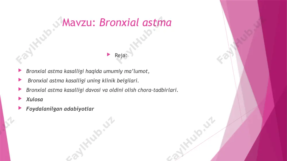 hayishi va bronxospazm tufayli nafas qisishi hisoblanadi. astma so’zi yunonchada bo’g’ilish, hansirash degan ma’noni bildiradi. etiologiyasi va patogenezi. kasallikka bronxlar funksiyasi nerv regulyatsiyasining buzilishi sabab bo’ladi. astma xuruji o’pkani innervatsiya qiluvchi adashgan nerv uchlarining ta’sirlanishi natijasida boshlanadi. bunda bronxlarning silliq mushaklarida spazma paydo bo’lib, bronxlar kovagining torayishi natijasida nafas olish qiyinlashadi va natijada bo’g’ilishga olib keladi. allergentlar-tuxum kabi oziq-ovqat mahsulotlari pichan, beda ,gul va uy hayvonlarining yungining hidi, shuningdek zax uyda joylashgan hasharotlar bakteriyalarning parchalanish mahsulotlariga nisbatan organizm sezuvchanligining oshishi bo’g’ilish xurujiga sabab bo’ladi. ba’zan bronxial astma xuruji allergenlar, masalan burun to’sig’ining qiyshayishi, burundagi poliplar, o’t pufagi va xotin-qizlar jinsiy a’zolarining yallig’lanishi (reflektor ta’sirlanish), nasldan o’tishi va hokazolar ta’sirida ham ro’y berishi mumkin. bundan tashqari organizmning sovishi, tamaki chekish, tamaki chekilgan xonada ko’p bo’lish, zax xonalar, nam havo, fasl o’zgarishi, atrof-muhitning bosimi o’zgarishi va boshqalar ham astma xurujiga sabab bo’ladi. demak tashqi sabablar tana kurashishligini o’zgartira oladi. bronxial astmaning rivojlanishida …