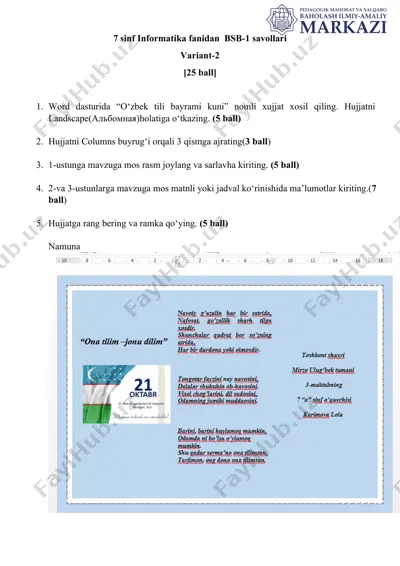 7 sinf informatika fanidan bsb-1 savollari — DOCX