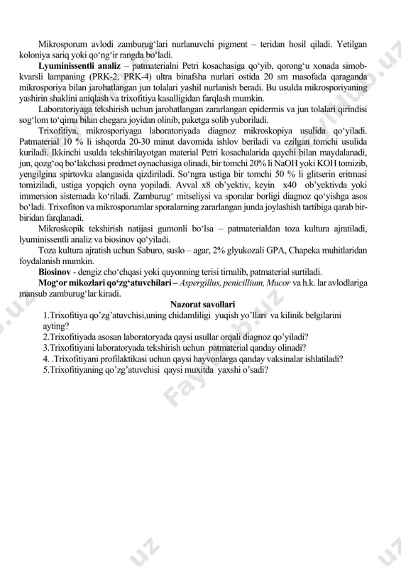 yoki atrofida tartibli zanjirsimon joylashganligi ma’lum bo‘ladi. bakteriologik tekshirish usuli. trixofitiya qo‘zg‘atuvchisi – ayerob, maxsus oziq muhitlarda yaxshi o‘sadi. saburo agarida 26-28 oc da termostatda 10-20 sutka o‘tgandan keyin silliq, terisimon, qatlam-qatlam, ba’zida unsimon qatlamli koloniyalar hosil bo‘ladi. koloniyalardan o‘sib chiqqan giflar oziqa muhit yuzasida kuchli, chuqur shohlanish hosil qiladi. biopreparatlar. aktiv profilaktika uchun ltf–130 vaksinasi, sp–1, mo‘ynali hayvonlar uchun “mentavan” vaksinasi ishlatiladi. emlangan hayvonlarda immunitet hayotiy saqlanadi. mikrosporiya – it, mushuk, yirtqich va boshqa hayvonlarda teri epidermisining yallig‘lanishi, junning sinishi bilan o‘tadigan yuqumli kasallik bo‘lib, uni mikrosporon avlodiga mansub zambrug‘lar qo‘zg‘aydi. odamlar ham kasallanadi. qo‘zg‘atuvchilari microspirum oilasiga mansub itlarda m.canis, otlarda m. equi, m. gypseum va boshqalar. patmaterialda zamburug‘ shoxlangan mitseliy shaklida ko‘rinadi. u parchalanib spora hosil qiladi. zararlangan jun atrofida sporalar tartibsiz joylashib chexol ko‘rinishini eslatadi. bakteriologik tekshirish usuli. mikrosporiya kasalligining qo‘zg‘atuchisi trixofitiyadan farqi glyukozali saburo agarida 26-28 oc da m. equi 6-7chi kuni rivojlanib, terisimon, kulrang-oqish mitseliy …