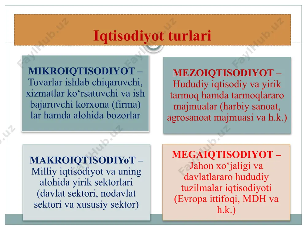 si – boshqa iqtisodiy fanlar o‘z predmetini iqtisodiyot nazariyasi asoslab bergan qonun va kategoriyalarga tayangan holda o‘rganadi. ayni vaqtda bu fan boshqa fanlar chiqargan xulosalarni nazariy jihatdan umumlashtiradi. iqtisodiy qonunlar va kategoriyalar (ilmiy tushunchalar) 17 iqtisodiy qonunlar -- iqtisodiy hodisa va jarayonlar o‘rtasidagi ichki, barqaror, doimiy takrorlanib turadigan sabab-oqibat bog‘liqliklarini va aloqadorliklarini ifodalaydi. bu to‘g‘ridan-to‘g‘ri yoki teskari bog‘liklik bo‘lishi mumkin. masalan, talab qonuni narx bilan sotib olinadigan mahsulot miqdori o‘rtasidagi teskari, taklif qonuni esa mahsulot narxi bilan uning chiqariladigan miqdori o‘rtasidagi to‘g‘ridan-to‘g‘ri bog‘liqlikni ifodalaydi. iqtisodiy qonunlarning ob'ektiv xarakteri -ularning amal qilishi kishilarning xoxish-irodasiga bog‘liq emasligini bildiradi. shu bilan birga, ular insoniyat jamiyati mavjud bo‘lganda va takror ishlab chiqarish ro‘y berganda amal qiladi hamda kishilarning maqsadli iqtisodiy faoliyati orqali namoyon bo‘ladi. iqtisodiy qonunlar tizimi 18 maxsus iqtisodiy qonunlar - alohida olingan iqtisodiy tizim sharoitida amal qiladi. masalan, quldorlik,feodal, «kapitalistik», «sosialistik» taqsimot qonunlari, qo‘shimcha qiymat qonunlari va h.k oraliq yoki davriy iqtisodiy …