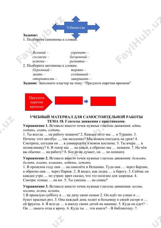 лице и … букет красных роз. 3. она каждый день ходит в больницу к своей сестре и … ей фрукты. 4. я всегда … в школу своих детей на машине. 5. куда он едет? – он … своего отца к врачу. 6. куда ты … эти книги? – в библиотеку. 7. смотри: он … своего брата в детский сад на велосипеде. 8. в этом году он несколько раз … своих студентов на экскурсию по москве. 1. дополните кластер составьте синквейн к слову глагол учебный материал для самостоятельной работы тема 19 . текст: «мой институт» написать сочинение, составить реферат, сделать презентацию по темам: 1. мой любимый поэт. 1. великие личности. 1. в здоровом теле - здоровый дух. 1. великий шелковый путь. 1. великие мыслители востока. 1. сотрудничество узбекистана со странами снг. 1. рассказ о жизни и творчестве ученого. 1. ремесленники узбекистана. 1. о словарях русского языка. 1. узбекистан –родина моя 1.переведите …