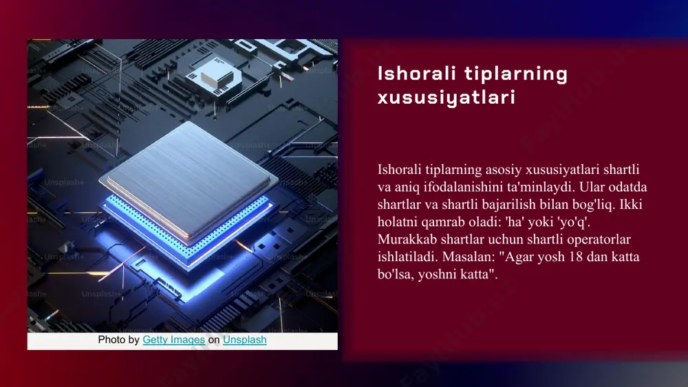 igini oshiradi. ishorali tiplarning o'zgarishlari ishorasiz tiplarning o'zgarishlari o'zgarishlar qanday bo'ladi ishorasiz tiplarda o'zgarishlar to'g'ridan-to'g'ri qiymatni o'zgartirish bilan amalga oshiriladi, masalan, raqamli tiplarda qiymat qo'shish yoki ayirish. xususiyatlar va misollar o'zgarishlar odatda aniq va raqamli bo'ladi, masalan, integer yoki real tipidagi o'zgaruvchilarning qiymatini o'zgartirish. amaliy jihatlari o'zgarishlar hisoblashlar va ma'lumot tahlilida muhim, to'g'ri o'zgarishlar algoritmlar va dastur xavfsizligini ta'minlaydi. ishorali va ishorasiz tiplardagi farqlar ishorali tiplarda (+, -) belgilari bo'lishi mumkin, ishorasiz tiplarda esa faqat qiymat hisoblanadi. masalan, int (ishorali) va unsigned int (ishorasiz). bu farq ularning qiymat oralig'iga ta'sir qiladi: ishorali tiplarda manfiy va musbat, ishorasizda faqat musbat qiymatlar mavjud. moslashuvchanlik o'zgaruvchilarning tayanch tiplari dasturlashda ularga moslashuvchanlik va ishonchlilikni ta'minlaydi. chidamlilik kamligi ushbu turlar yangi boshlovchilar uchun qiyinchiliklar keltirishi mumkin. yangi texnologiyalar texnologik rivojlanish bilan yangi turlar va qo'llanma imkoniyatlari paydo bo'lmoqda. raqobat kuchayishi yuqori raqobat va o'zgaruvchan texnologiyalar tahlil qilishni talab qiladi. s o w t xulosa ishora …