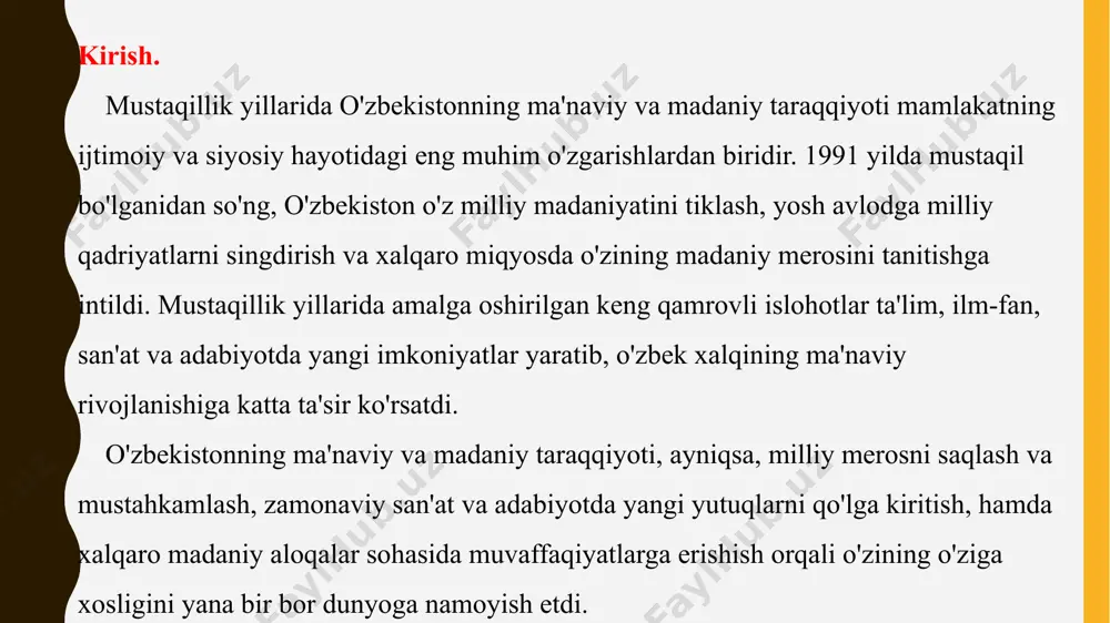 a'lim tizimi yangilandi: maktabgacha, umumiy o‘rta, o‘rta maxsus va oliy ta'lim bosqichlarida islohotlar o‘tkazildi. o‘zbekiston ta'limining asosiy yo‘nalishlari sifatida milliy qadriyatlarni saqlash, zamonaviy pedagogik texnologiyalarni joriy etish, ta'limning sifatini oshirish kiritildi. yangi maktablar va universitetlarning tashkil etilishi: o‘zbekiston mustaqillikka erishgach, yangi maktablar va universitetlar ochildi. bu esa ta'lim tizimining sifatini yanada yaxshilashga va turli sohalarda ilmiy kadrlar tayyorlashga imkon berdi. milliy o‘quv dasturlarining ishlab chiqilishi: o‘zbekiston ta'limi milliy qadriyatlarni hisobga olgan holda, o‘quv dasturlarini ishlab chiqdi. bu dasturlar milliy adabiyot, tarix, til va san’atga oid bilimlarni yosh avlodga etkazishga yordam berdi. ilm-fandagi asosiy yutuqlar: yangi ilmiy-tadqiqot institutlari va markazlarining tashkil etilishi: mustaqillik yillarida ilmiy-tadqiqot institutlari va ilmiy markazlar soni oshdi. bularda ilm-fan va texnologiyalar sohasidagi yangi kashfiyotlar, ilmiy ishlanmalar va innovatsion texnologiyalarni ishlab chiqish bo‘yicha faoliyatlar olib borildi. ilmiy ta'limning yuksalishi: o‘zbekistonning oliy ta'lim muassasalarida xalqaro standartlarga javob beradigan ilmiy-tadqiqot ishlarini olib borish uchun zamonaviy o‘quv dasturlari ishlab chiqildi. bu …