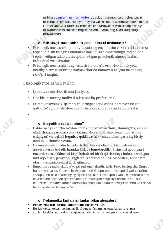 a’lim vositasining ahamiyatli tomoni · ularning birgalikda qo‘llanilishidir va hech qachon bir-birini inkor etmaydi. · o‘qituvchining vazifasi - dars jarayonini faollishtirish uchun ta’limning samarali vositasini tanlab · olishdir. · tafakkur haqida ma’lumot bering. · tafakkur — inson aqliy faoliyatining yuksak shakli; obʼyektiv voqelikning ongda aks etish jarayoni. t. atrof muhitni, ijtimoiy hodisalarni, voqelikni bilish quroli, shuningdek, inson faoliyatini amalga oshirishning asosiy sharti sanaladi. u sezgi, idrok, tasavvurlarga qaraganda voqelikni toʻla va aniq aks ettiruvchi yuksak bilish jarayonidir. t. — inson miyasining alohida funksiyasi. uning nerv fiziologik asosi birinchi va ikkinchi signal sistemalarining oʻzaro munosabatidan iborat. t. jarayonida insonda fikr, mulohaza, gʻoya, faraz kabilar vujudga keladi va ular shaxsning ongida tushunchalar, hukmlar, xulosalar shaklida ifodalanadi . · psixologiya fani qaysi fanlar bilan aloqador? psixologiya iqtisod, pedagogika, falsafa, mantiq, sosiologiya va boshqa ijtimoiy- gumanitar fanlar bilan aloqador fan hisoblanadi. · axloqiy tarbiya haqida nimalarni bilasiz? axloqiy tarbiya- „axloq“, „xulq“ va „atvor“ so‘zlari …