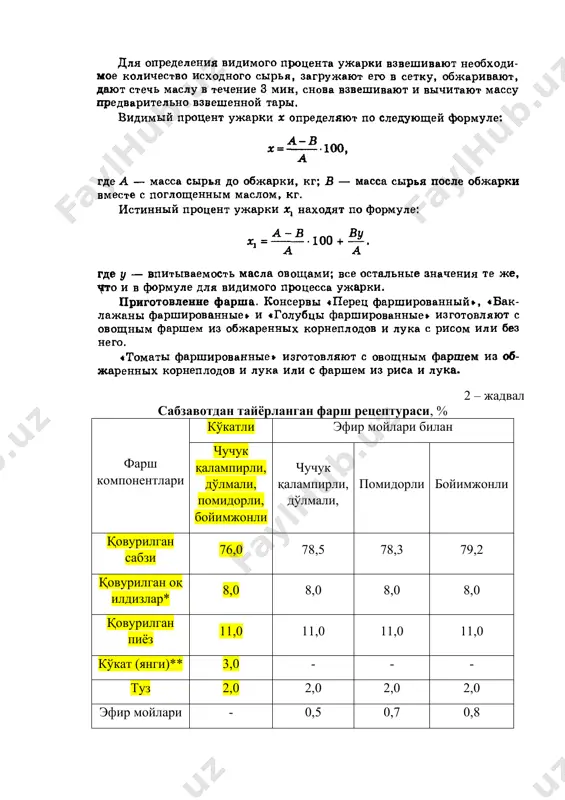 да фаршлашда ва банкага жойлашда - 3 - 1 - 6,5 - - 2 1 - 7,5 - - - 1 - - - - - - - - - - - - - - - - - 1 - 4,5 - 2 3 1 - 10 2 2 - 1 - 12,0 - 2 - 1 - 20,0 2 2 - 1 - 13 - - - 1 - 10 - - - 1 100 - - - - - - - 6 – жадвал 1 тонна тайёр маҳсулот сарфланадиган хом – ашё ва материаллар меёрлари, % хом - ашё tomat sousi quyib konservalangan sabzavotlar bilan farshlangan чучук қалампир tomat sousi quyib konservalangan sabzavotlar ва гуруч bilan farshlangan чучук қалампир tomat sousi quyib konservalangan sabzavotlar bilan farshlangan помидор tomat sousi quyib konservalangan пиёз ва гуруч bilan farshlangan помидор ширин қалампир (янги) 339.1 339,1 - - ширин қалампир (музлатилган) 428,0 …